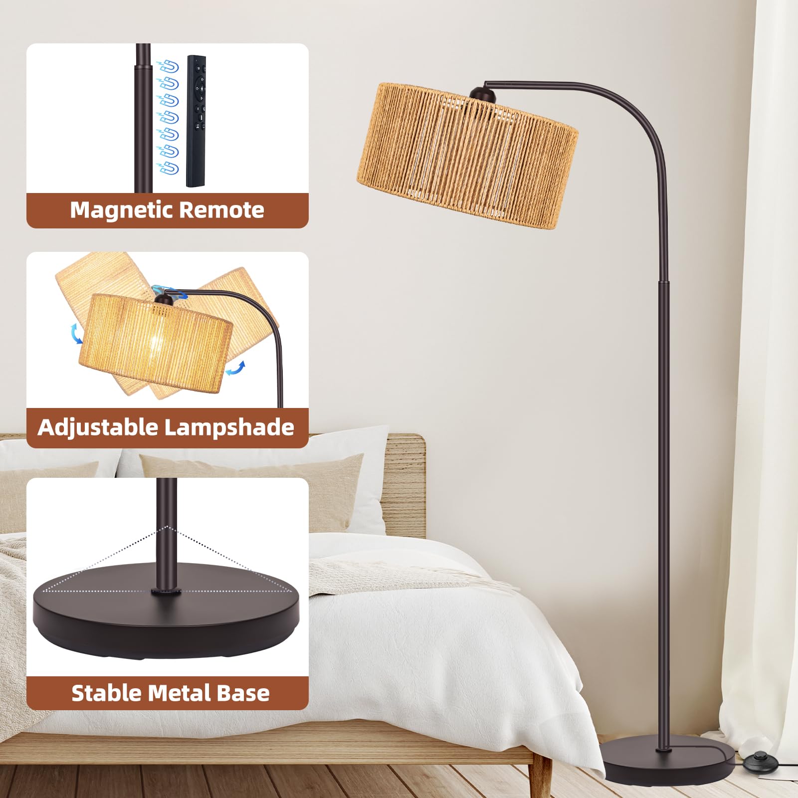 Brilvibera Boho Floor Lamp With Dimmable Bulb Nartual Rattan Adjustable Lampshade, Bronze Rustic Farmhouse Floor Lamps For Living Room, Bedroom, Office, Classroom