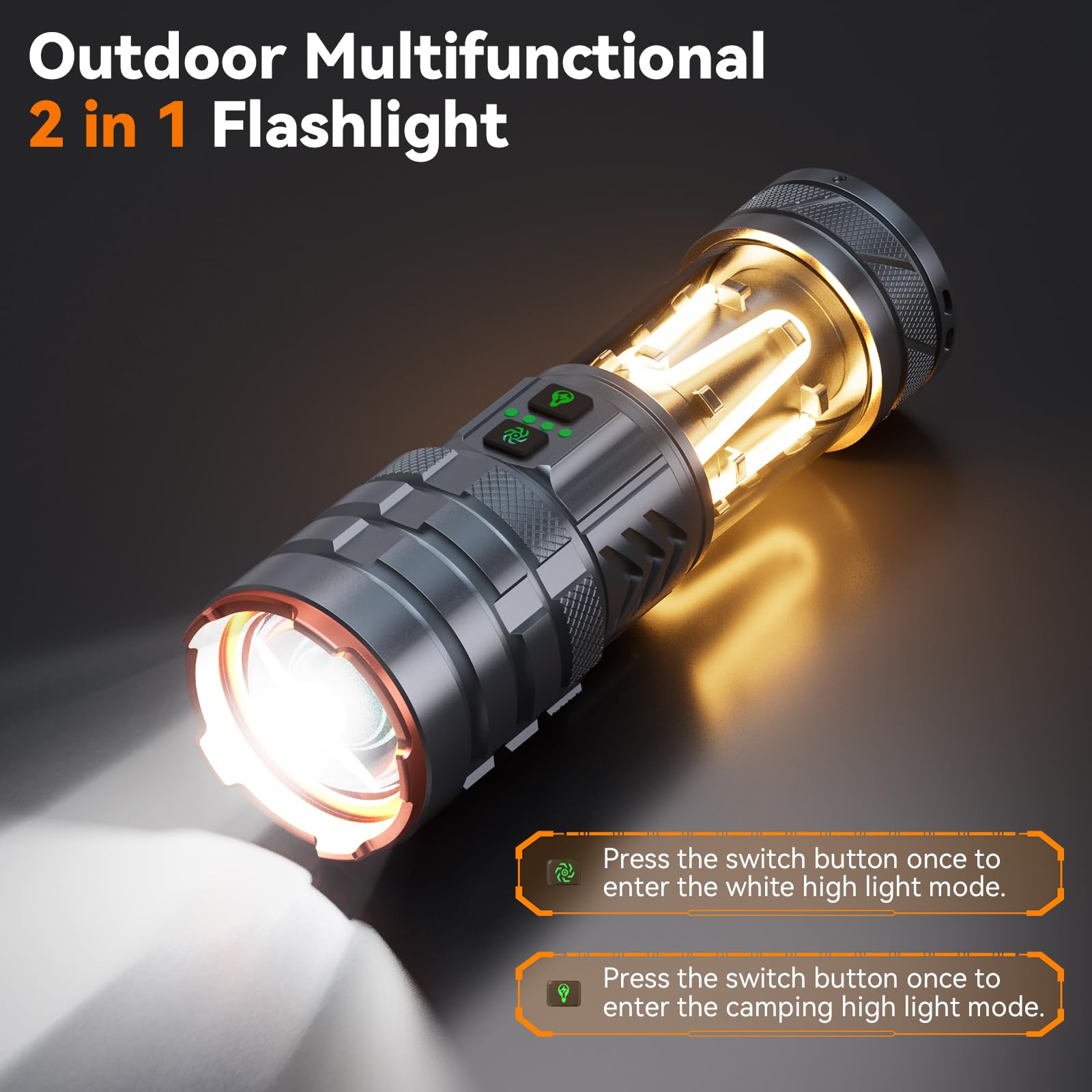 ADDplus Camping Flashlight, 3000 Lumens, 11 Modes, Waterproof, Large, Aluminum, Model HC-G580, Silver
