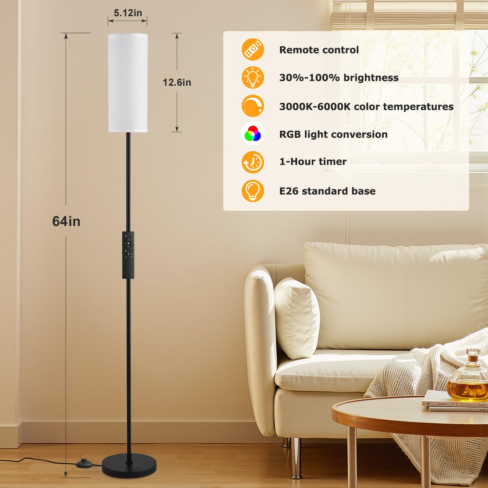 Ambimall 64'' RGB Floor Lamp with Remote Control, Stepless Dimming, Metal, White Shade & Black Pole, Model RPT-ZGB50515
