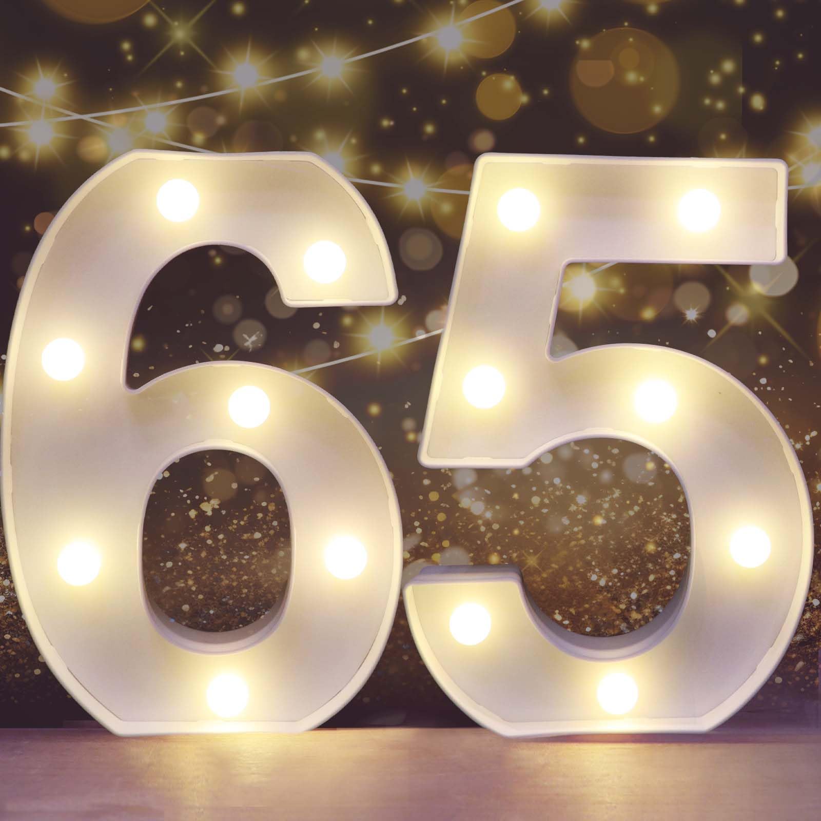 Pooqla LED Number Lights Sign, White Plastic Marquee for 65th Birthday Party, Battery Operated, Number 65