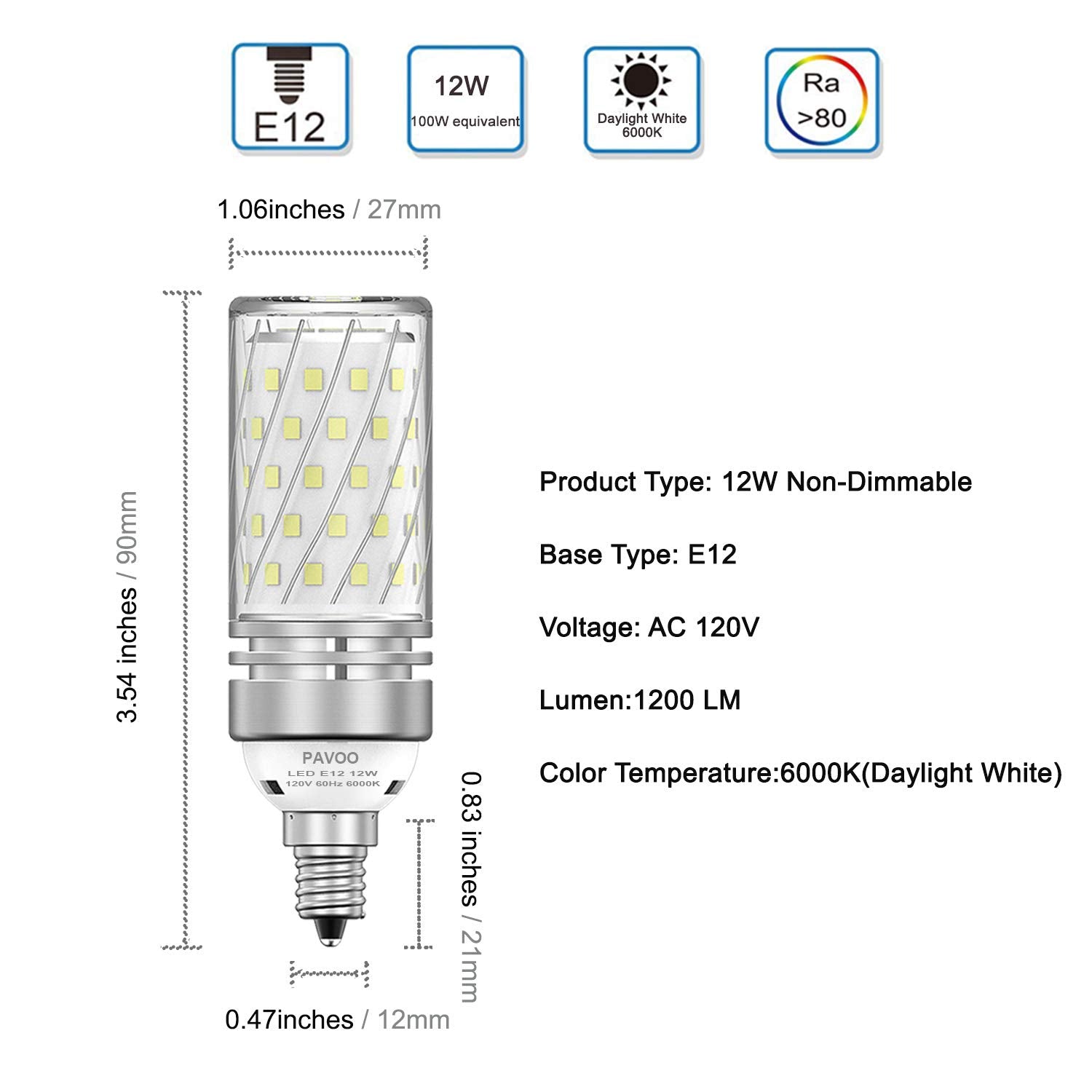 PAVOO E12 LED Candelabra Bulbs, 12W 100W Equivalent, Daylight 6000K, Pack of 4