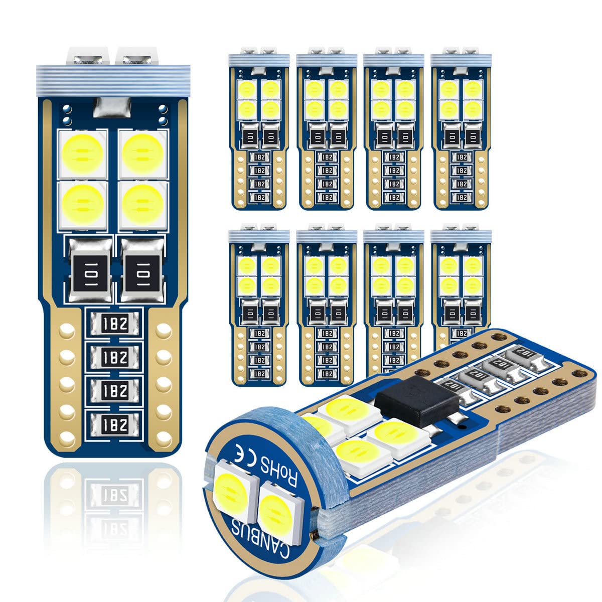 Dodofun T10 Xenon White Car Interior Exterior Replacement Bulb Map Dome Door Trunk Cargo Tag Number Plate Led Light 168 175 194 2825 W5W Size (Pack Of 10)