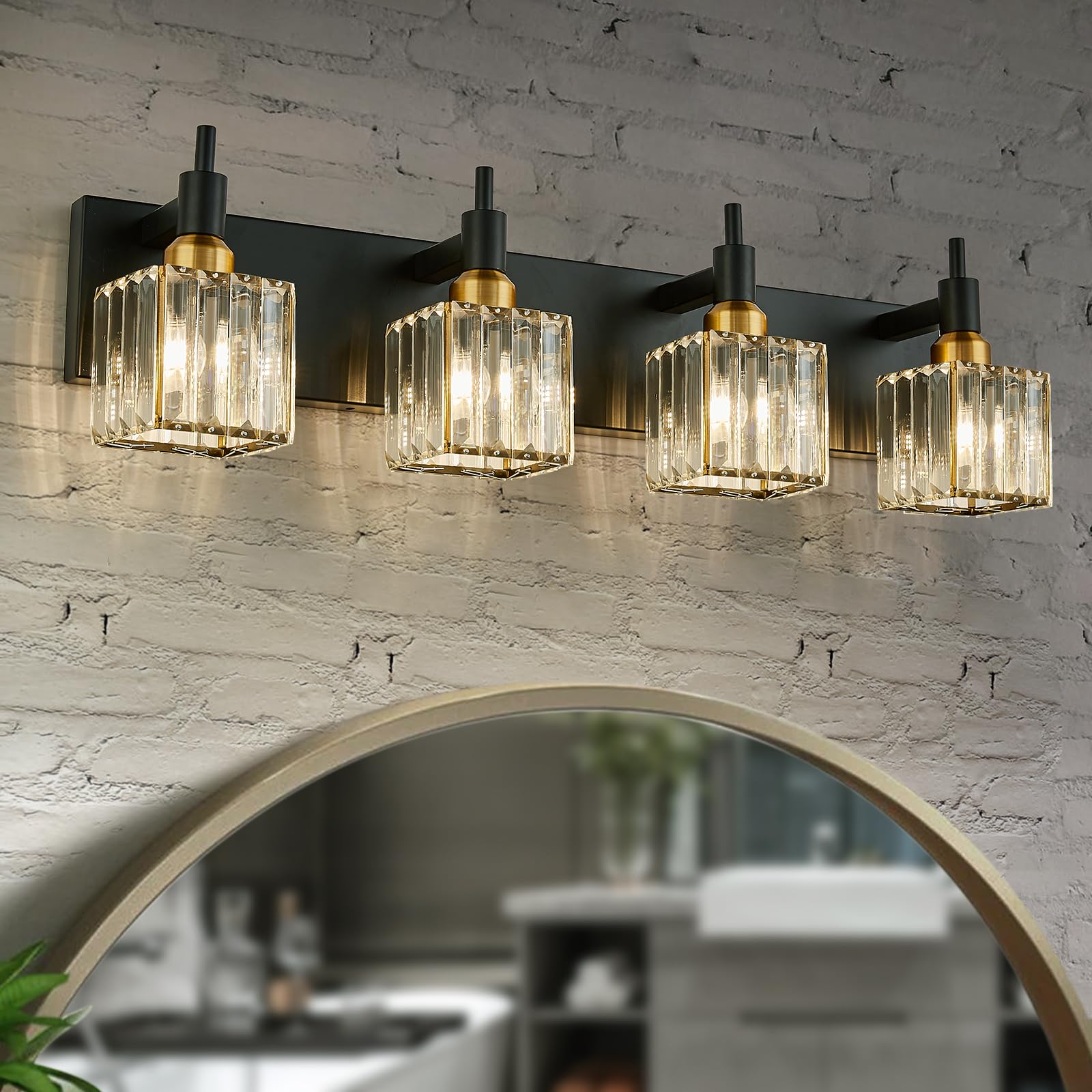 Huoku Gold Black Crystal Bathroom Lighting Fixtures, 4 Light Modern Crystal Vanity Lights Over Mirror
