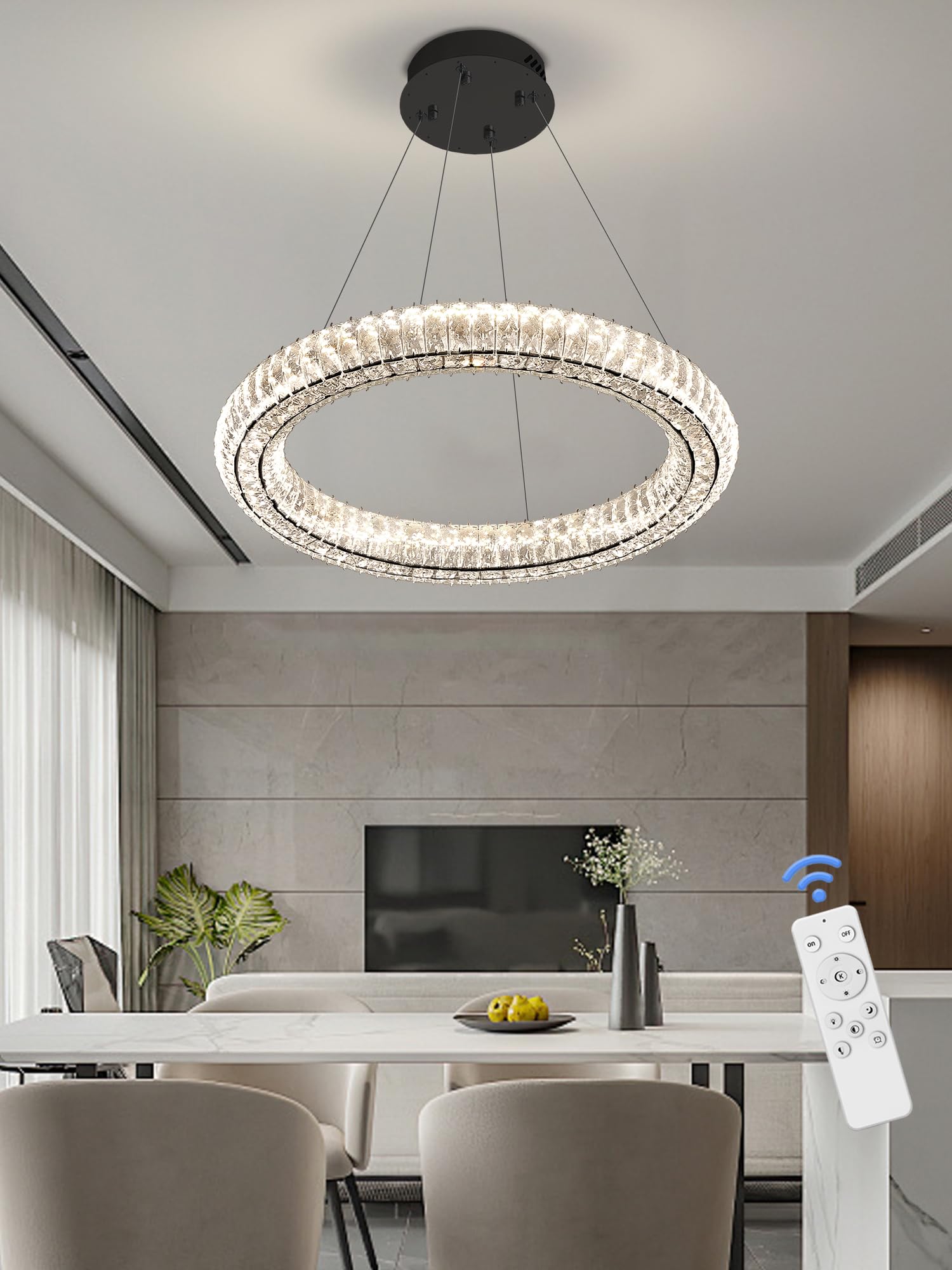Idequy Modern Black Crystal Chandelier Dimmable Led 23.6'' Ring Pendant Light Adjustable Round Crystal Chandelier Light Fixtures
