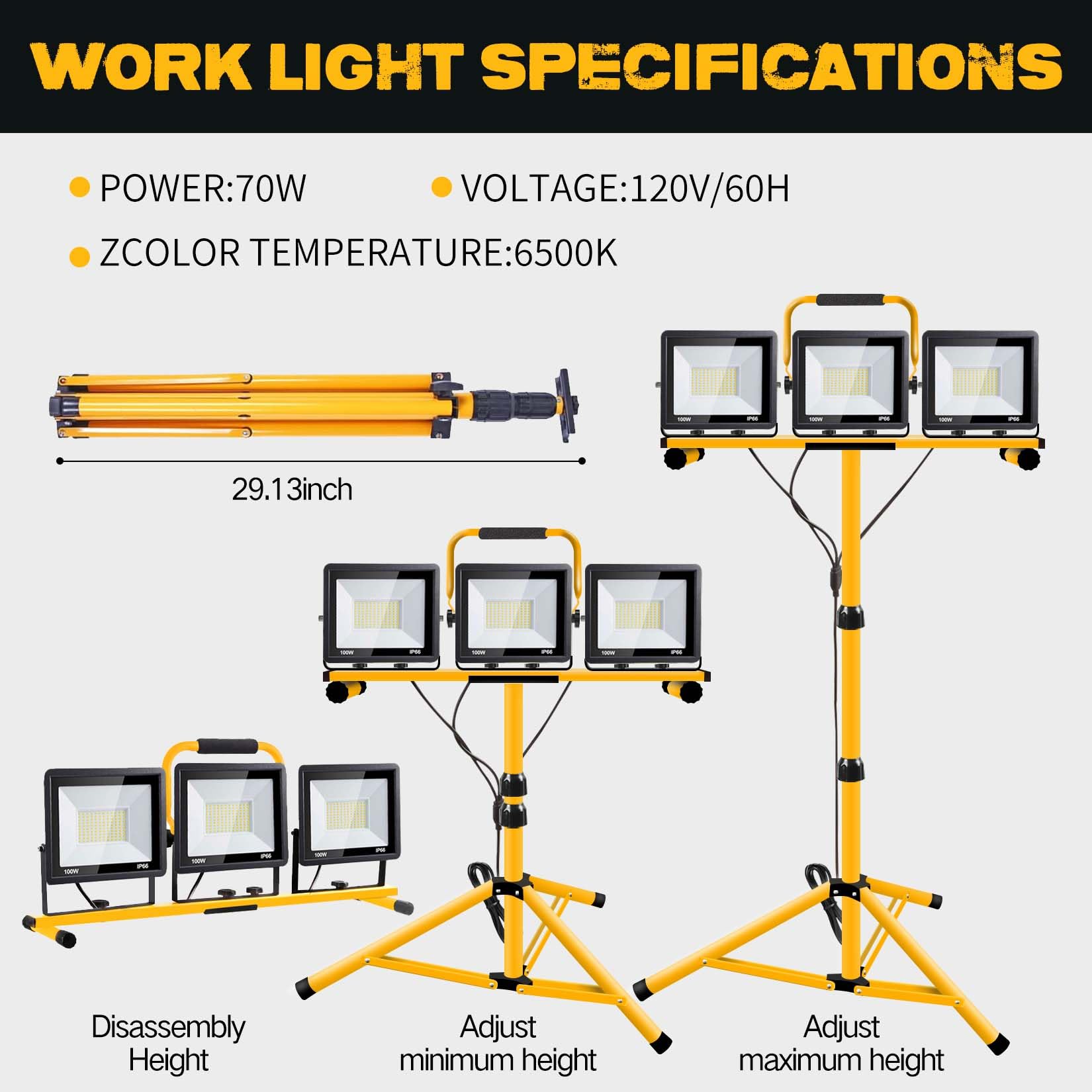 21000 Lumen Work Lights With Stand, 3 Adjustable Head Led Work Light, With Adjustable And Foldable Tripod Stand, Waterproof Lamp With Individual Switch With 6500 Kelvin Color Temperature (Yellow-3)