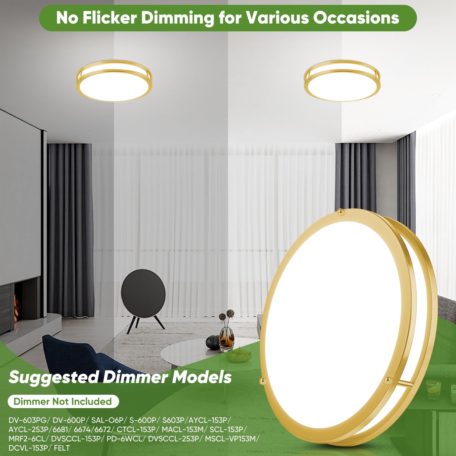 13 Inch Led Flush Mount Ceiling Light, Gold Kitchen Light Fixture With 2700K/3000K/4000K/5000K/6500K 5 Color Adjusted, Dimmable