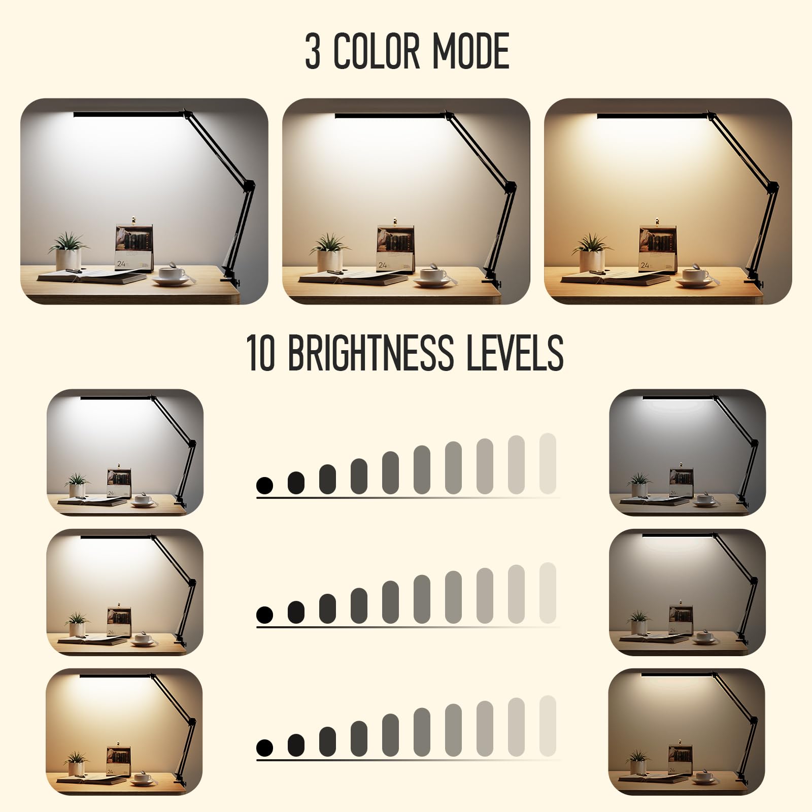 BZBRLZ LED Desk Lamp, Dimmable with 3 Color Modes, 10 Brightness Levels, Metal, Black, Model QR-01