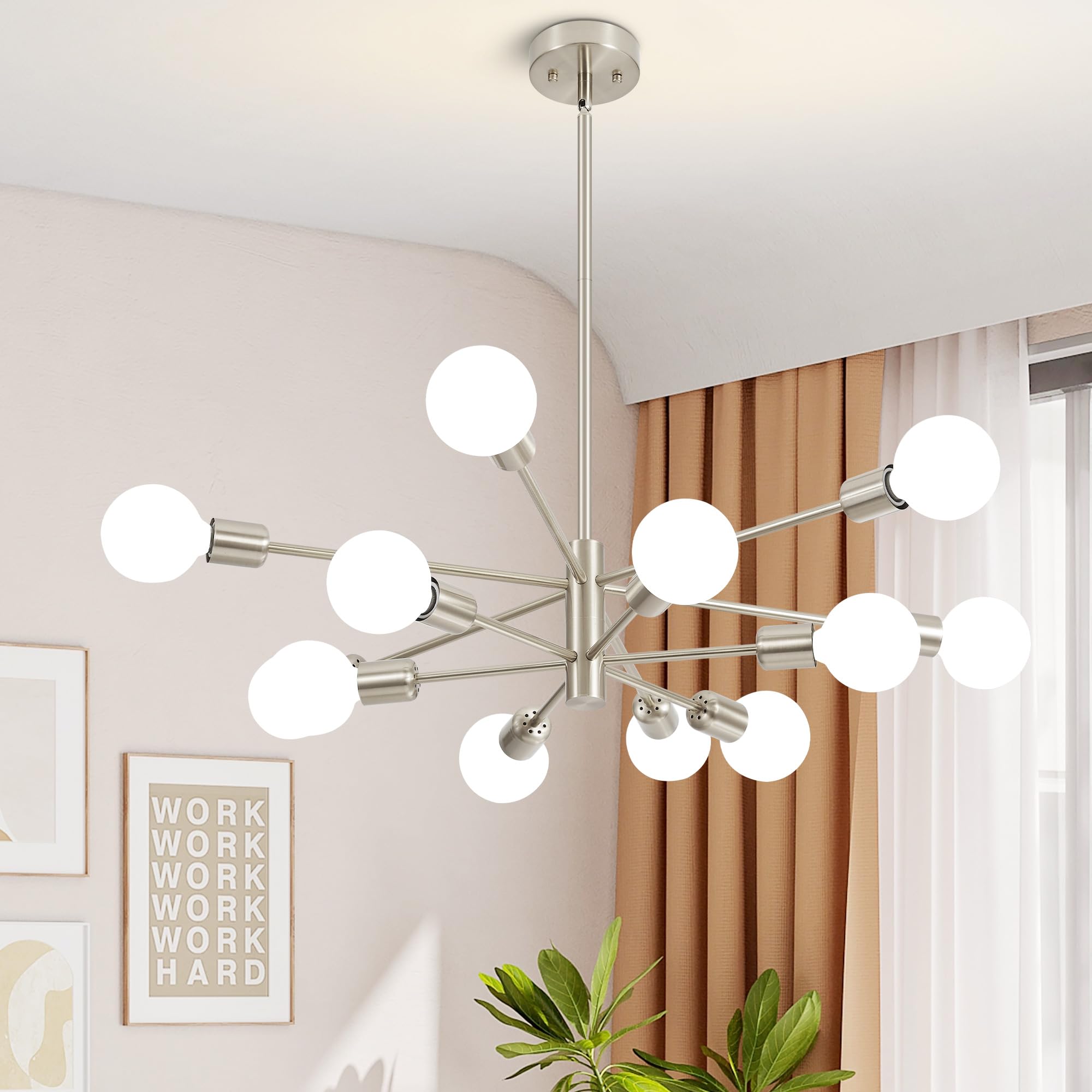 Deyidn Sputnik Chandelier Modern Brushed Nickel Chandeliers 12-Light Mid Century Ceiling Lighting Fixture for Living Room, Kitch