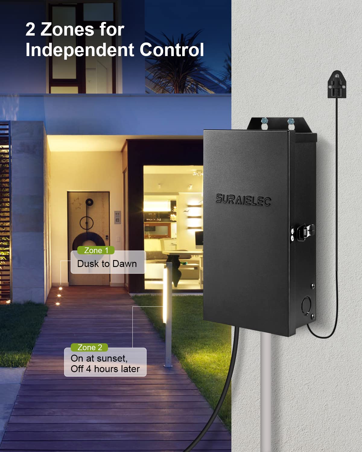Suraielec 300W Low Voltage Landscape Transformer With 2 Independent Outputs, Indoor Outdoor Light Transformer With Timer And Pho