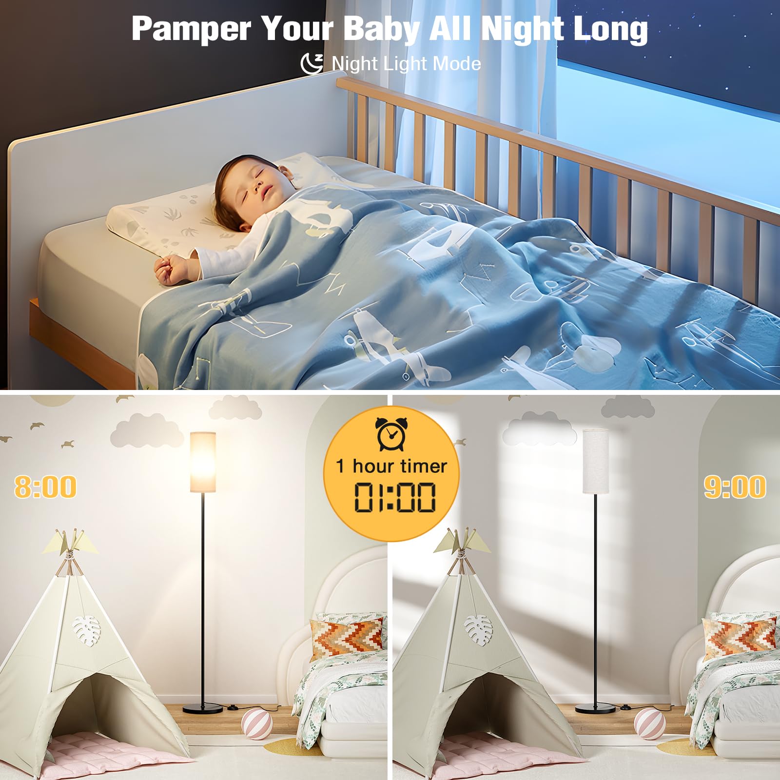 Ambimall 66'' Floor Lamps For Living Room With Remote Control And Stepless Dimmable Colors Temperature & Brightness, 9W Bulb Included(Beige Lampshade & Black Pole)