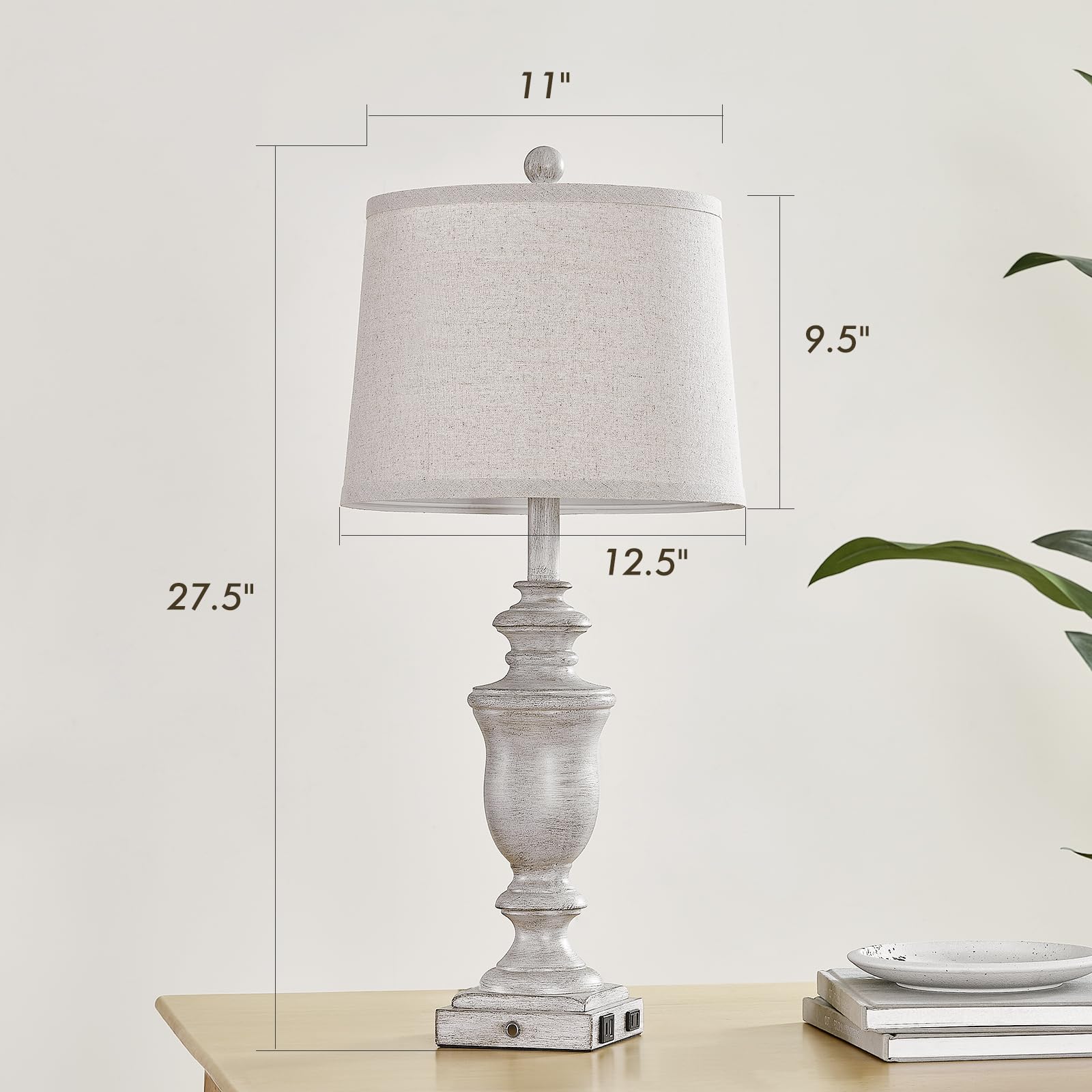 SAIWEYA 27.5" Farmhouse Table Lamps Set of 2, 3-Way Dimmable, USB & AC Outlet, Antique Gray, Model TM-T04