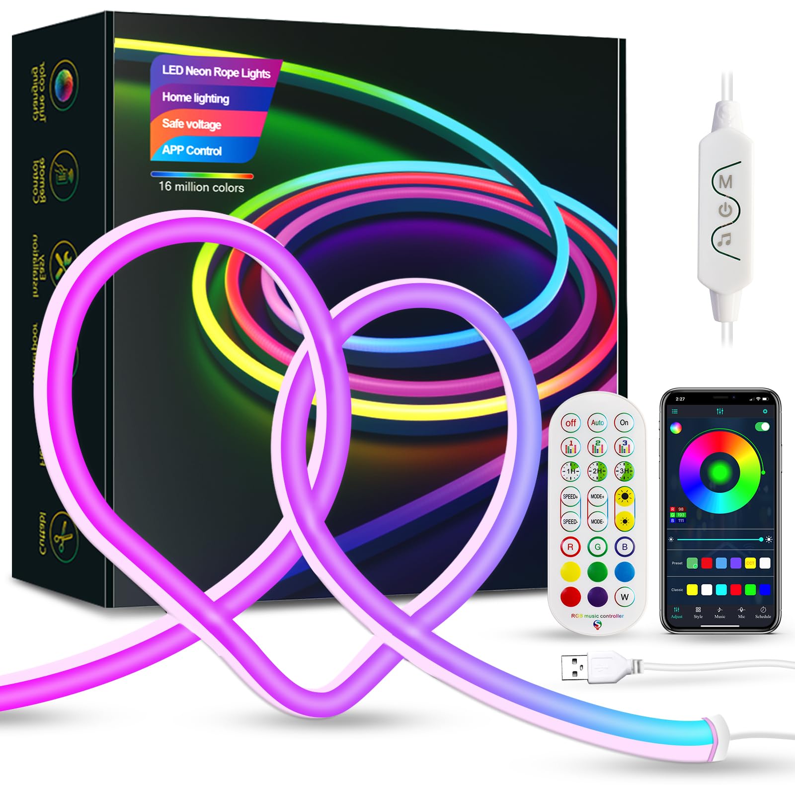 CZYJPRL Neon Lights, 9.8ft Neon Rope Lights, RGBICW LED Strip Lights, Custom DIY Neon Strip Lights Bedroom and Wall IP67 Waterpr