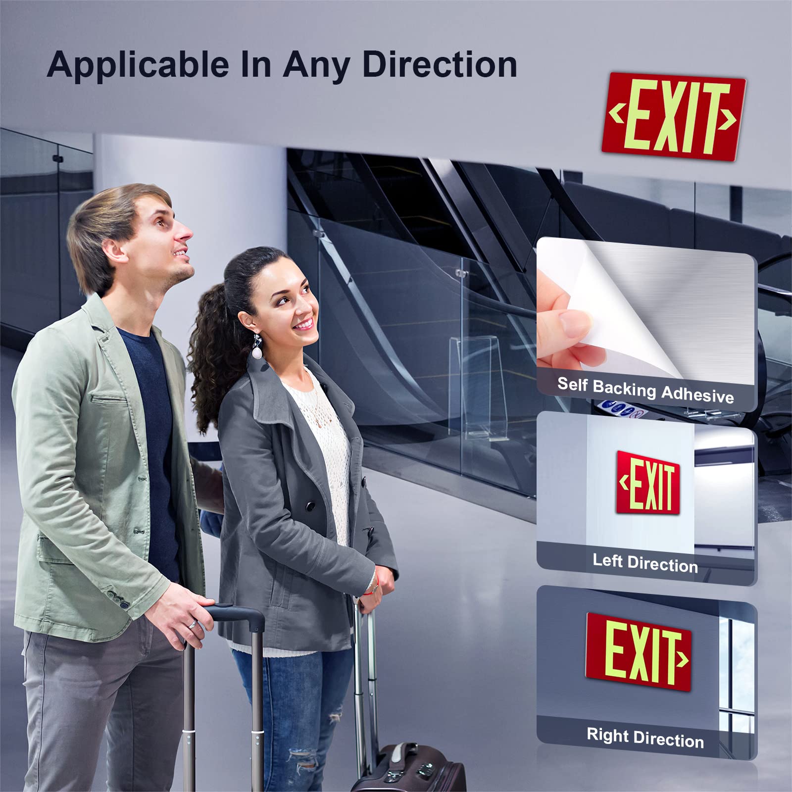 Photoluminescent Exit Sign Aluminum - Adhesive Backing Glow In The Dark - Removable Arrows Included - 12X7 Inches - Non Electrical Red Exit Light For 50 Feet Visibility (1 Pack)