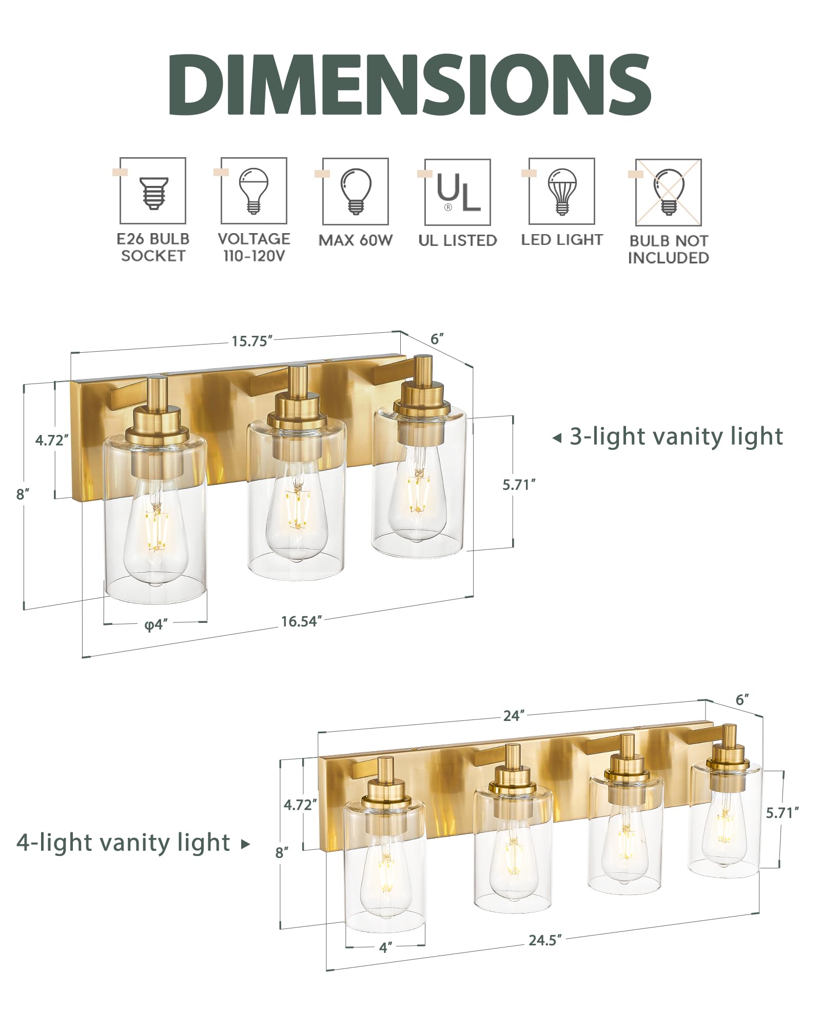 Metwet 3-Light Brushed Gold Bathroom Light Fixture, Modern Metal Vanity Lighting With Clear Glass Shade, Model Vl143-Bg-3