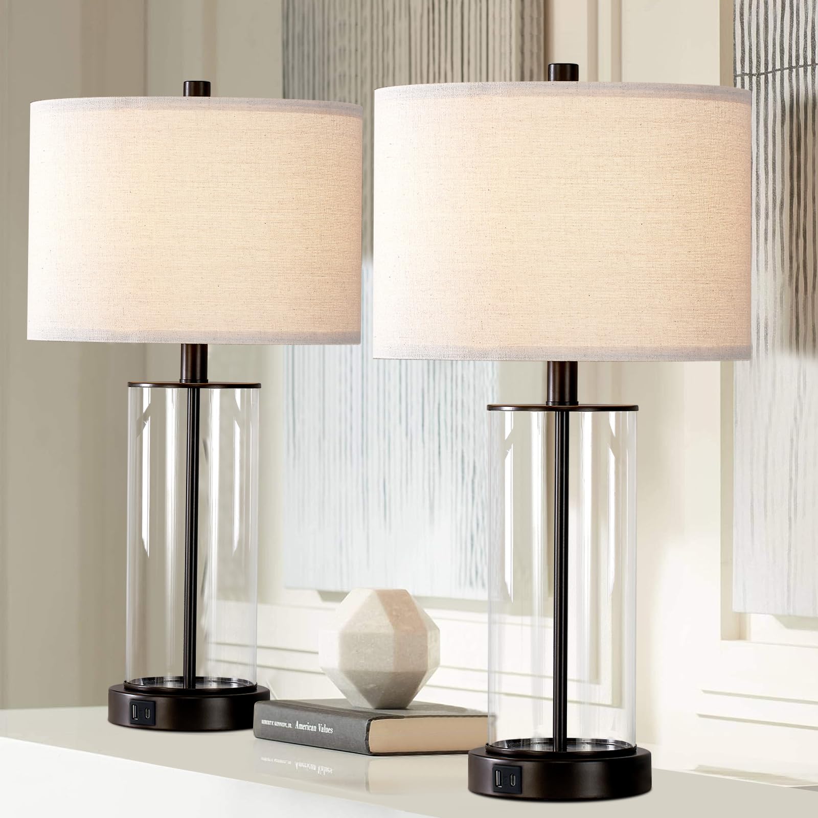 Kyrid Glass Table Lamp Set of 2, 23.5" with USB Ports & AC Outlets, Painted Bronze Finish, Bulbs Included, Model HK21193