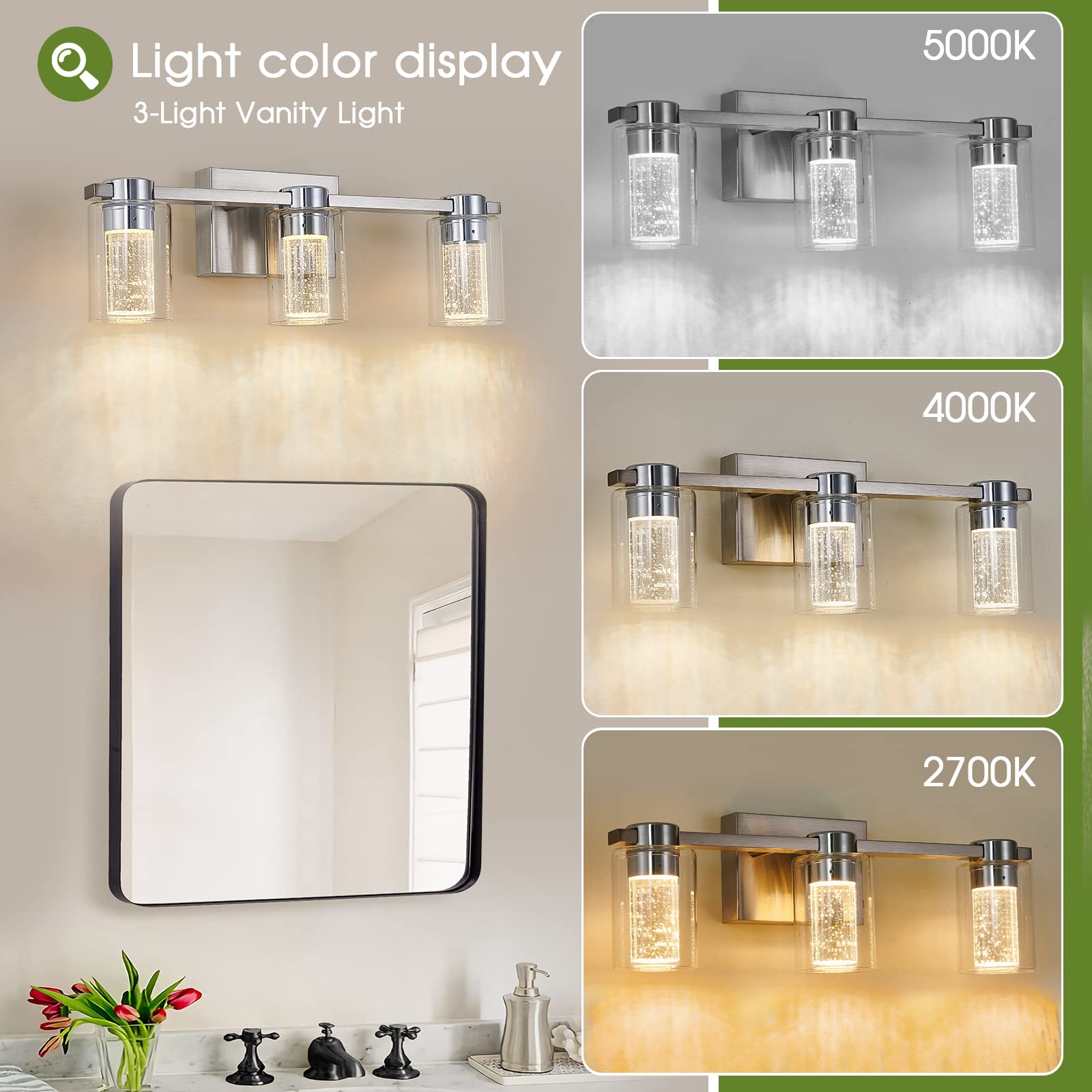 Zhizenl Bathroom Light Fixtures, Brushed Nickel 3 Light Bathroom Vanity Light Over Mirror, Modern Crystal Dimmable Led Vanity Lights With Clear Glass Shade For Bedroom Living Room