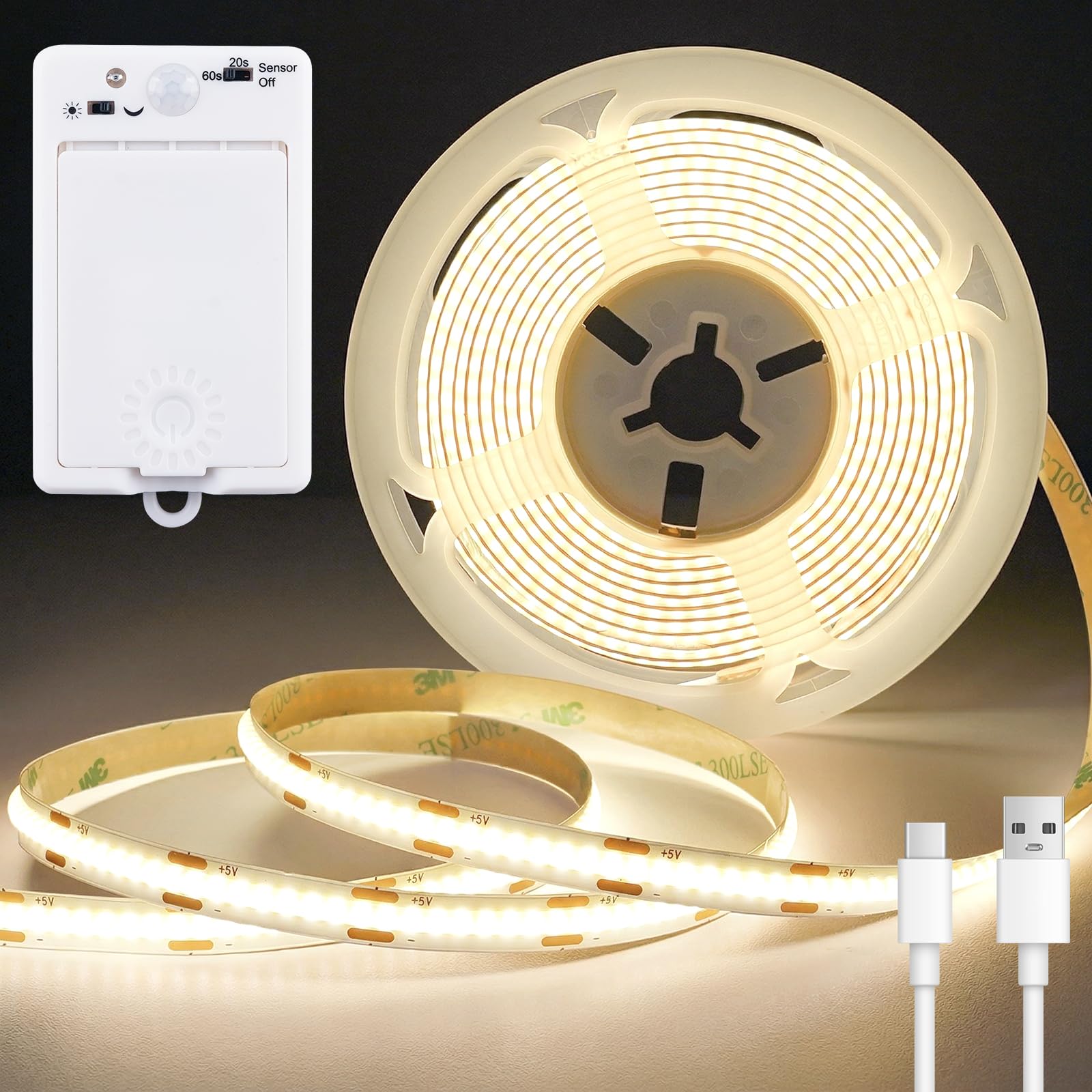 OMIKA COB Rechargeable Motion Sensor Light Indoor  6.56FT 640LEDs 4000K Natural White Closet Lights  1500mAh Cuttable Led Light Band for Cupboard  Bed  Shelves  Wardrobe  Hallway  Cabinet