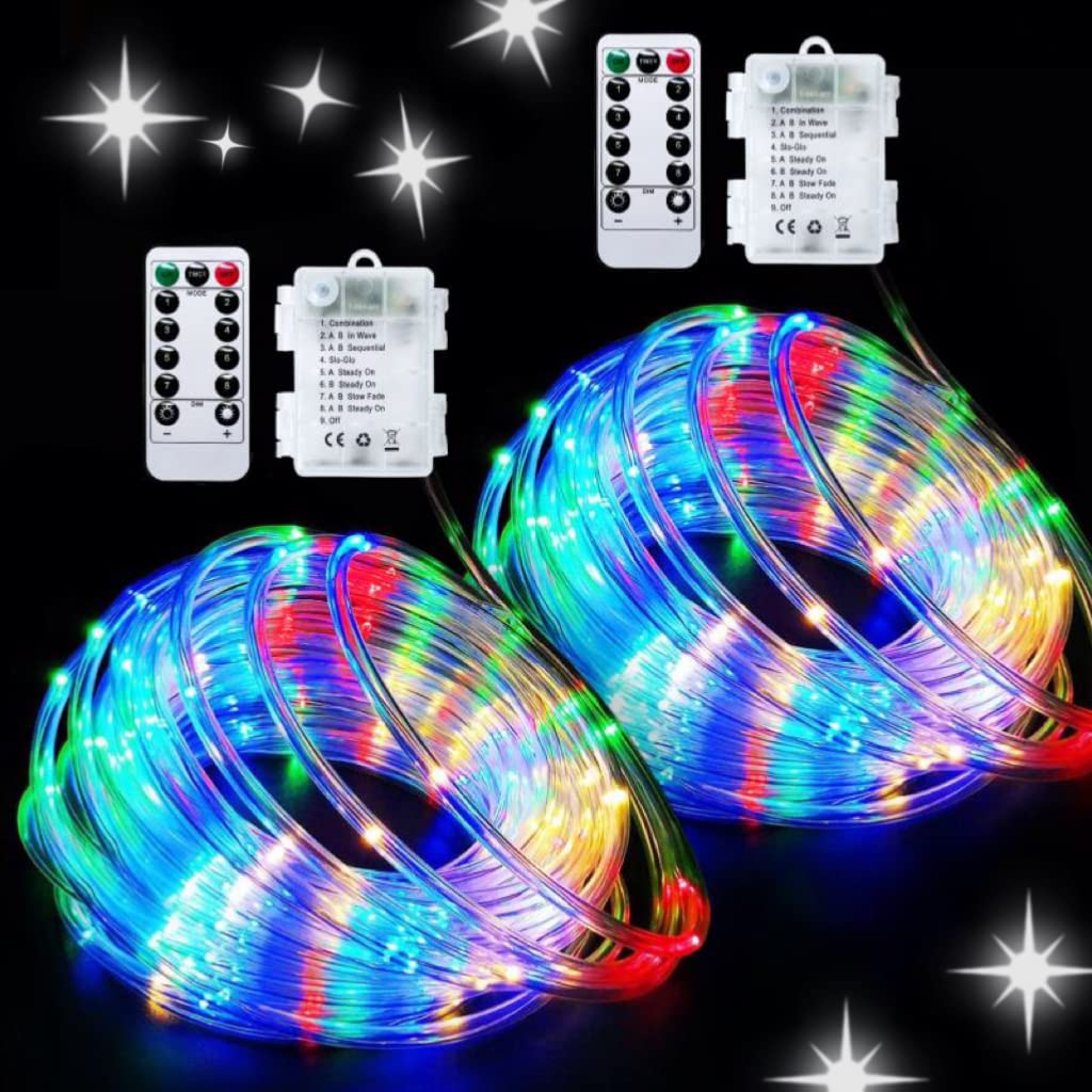 JMEXSUSS 2 Pack Rope Lights 100LED Battery Operated Waterproof 33ft Multicolor Model Rope100B