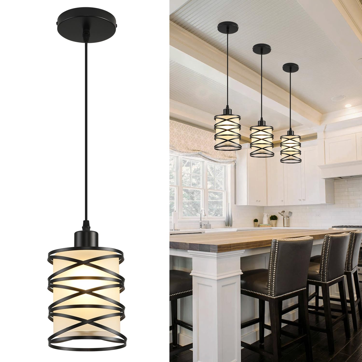 Ihengyanlt 2 Pack Pendant Light Kitchen Island Pendant Lighting, Hanging Light With Spiral Cage Frosted Glass Shade, Black Modern Indoor Hanging Lamp For Dining Room Kitchen Island