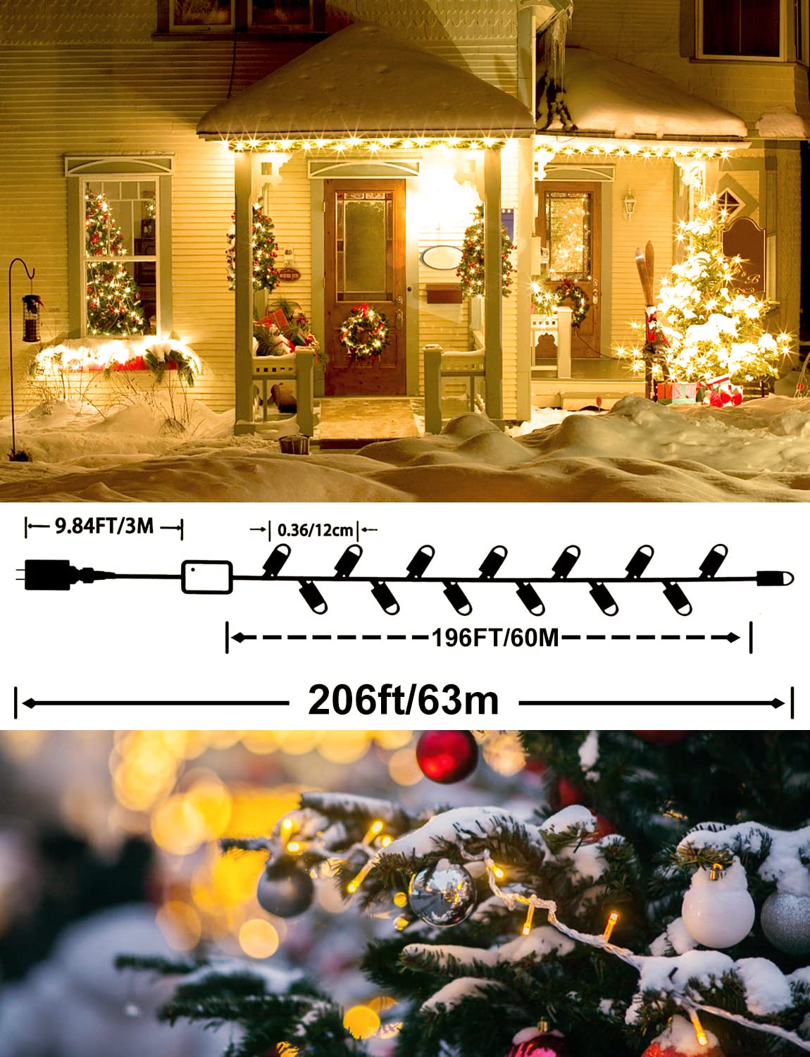 Jxledayy 200Ft 500 Led Warm White Christmas Lights, Waterproof Fairy String Lights, 8 Modes
