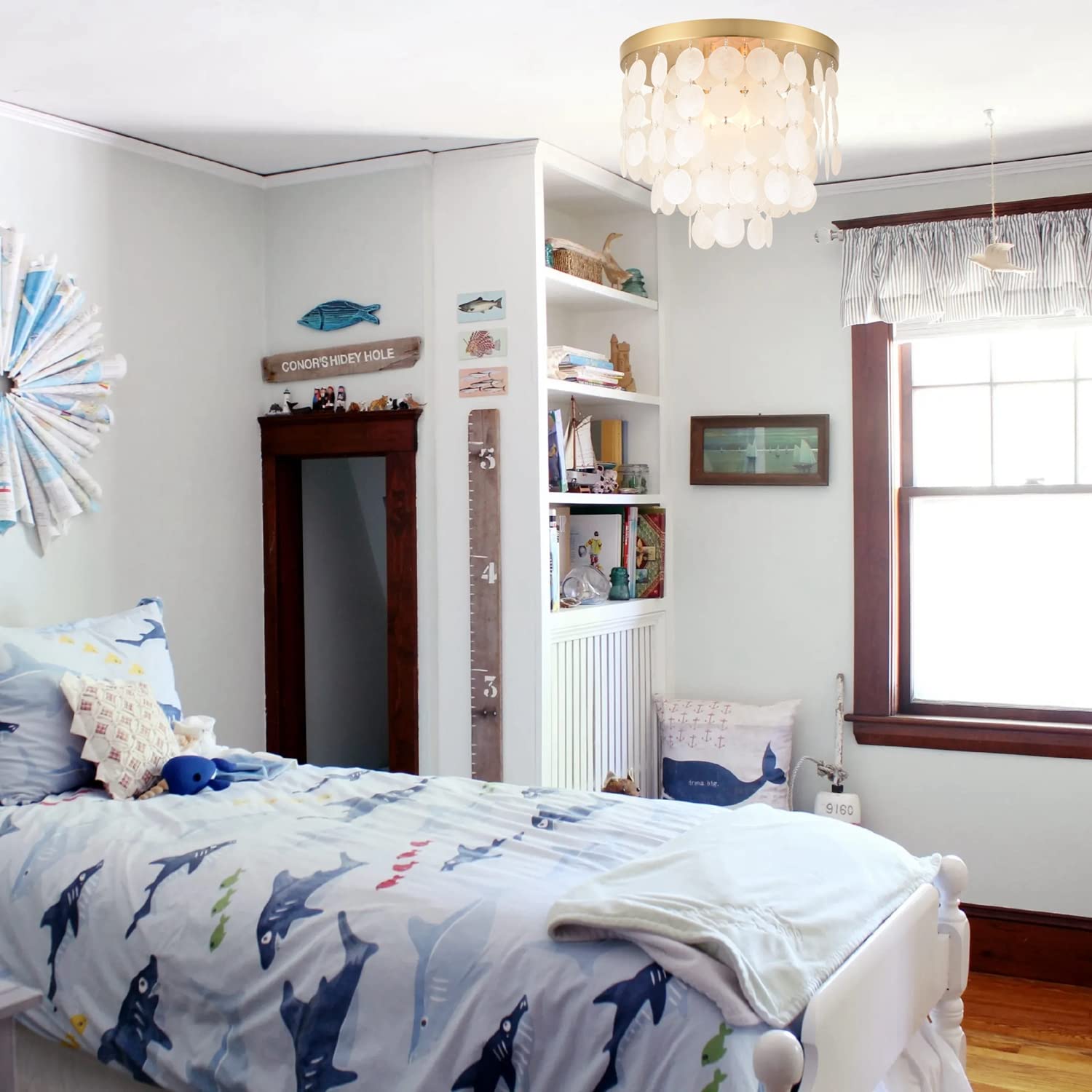 ALICE HOUSE 3-Light Flush Mount Ceiling Light, Brushed Brass Finish, Capiz Shell Design, Model AL2608-S3