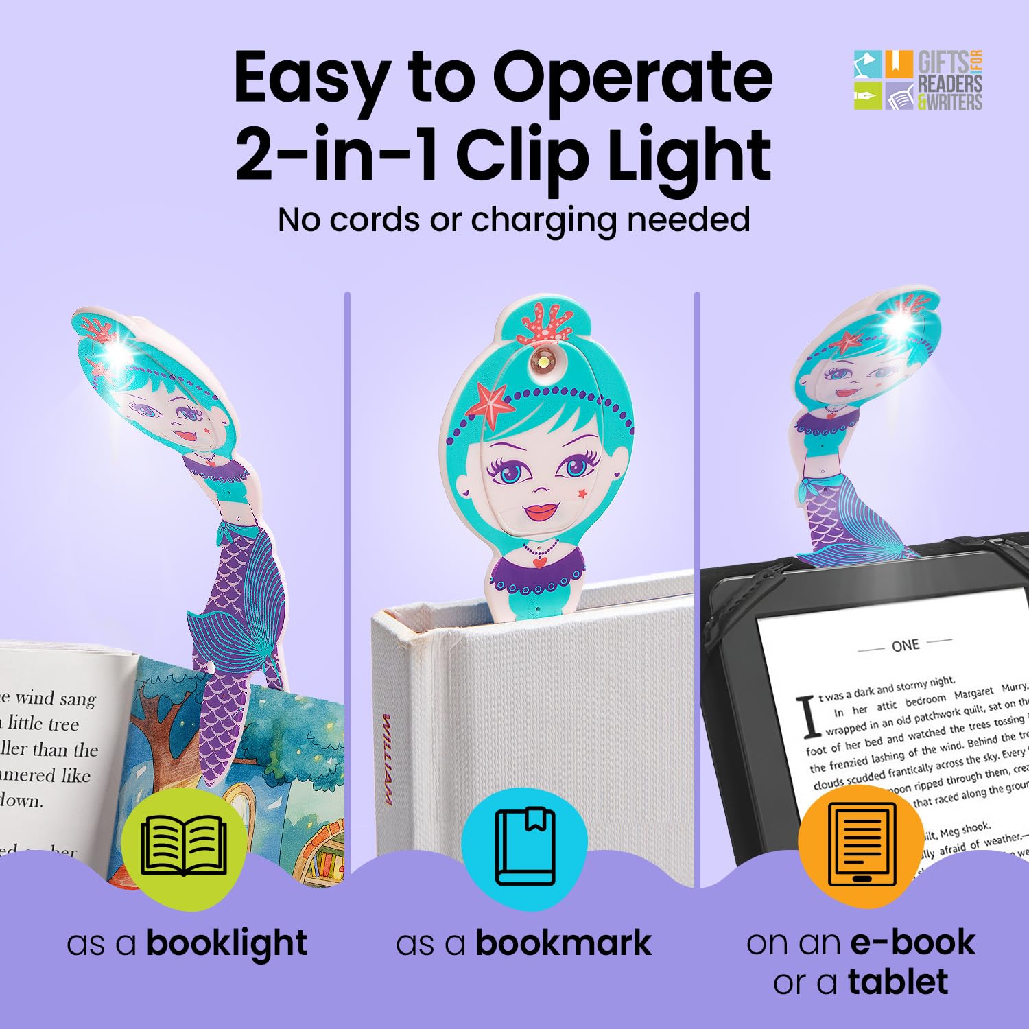 Gifts for Readers & Writers Flexilight Pal Bookmark Light | LED Clip-On | Battery Operated | Mermaid Purple