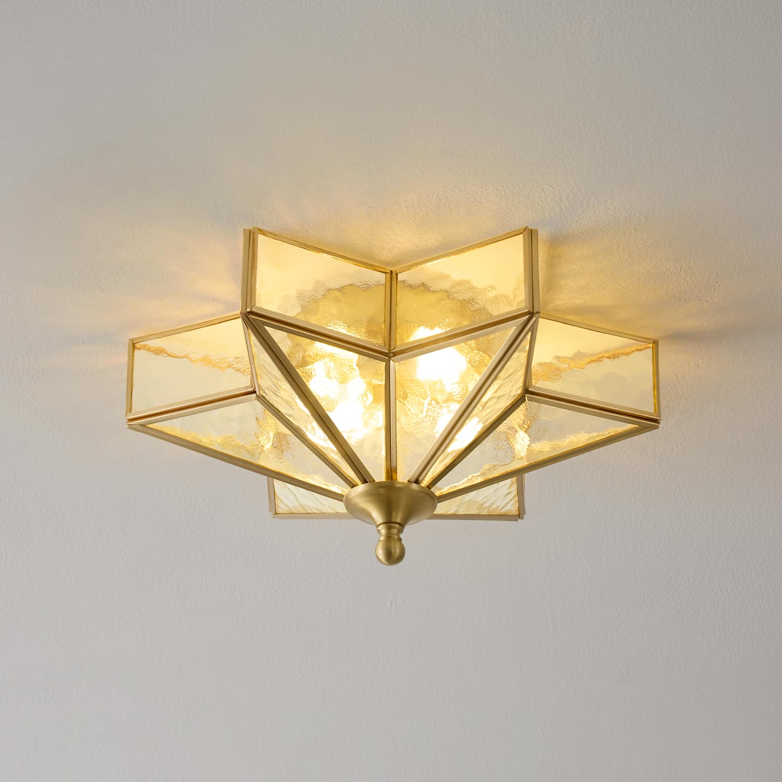 Star Glass Gold Ceiling Light - Small 12 Inch Brass Hammered Flush Mount Fixture - Unique Art Deco Vintage Modern Lighting Lights For Bedroom Dining Foyer Entryway Hall Hallway Outdoor Porch Fixtures