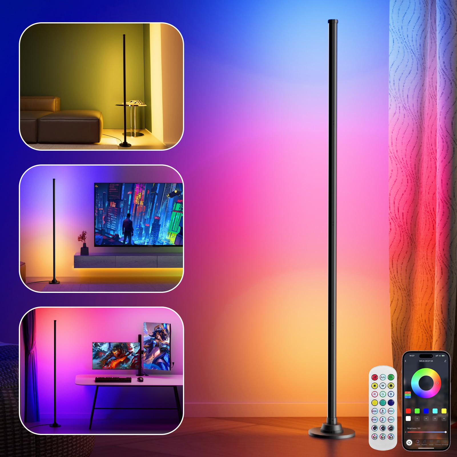 Reifeiniwei RGB Floor Lamp - Smart LED Corner Lamp, 16-Million Colors, Music Sync, App & Remote Control, Metal Black, Model HLXS-110-003