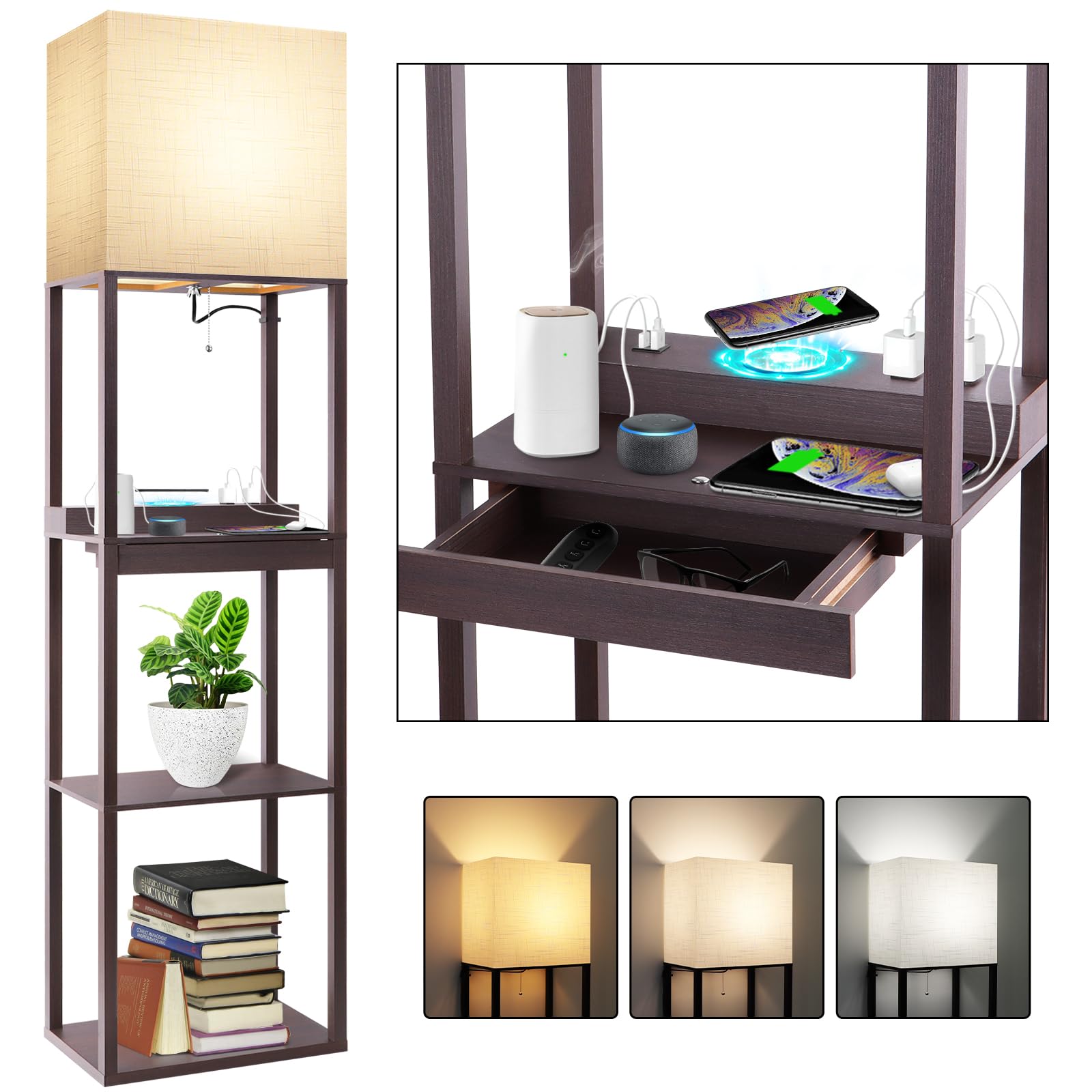 RUNTOP Floor Lamp with Shelves, Modern Standing Lamp with Wireless Charger, 1 Drawer and 2 USB Ports & 2 Power Outlet, 15W LED B