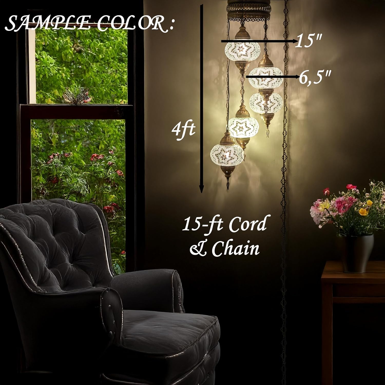 DEMMEX 7in  Moroccan Mosaic Chandelier Pendant Light, 15-ft Cord & Chain, Swag Style, Brown-Amber