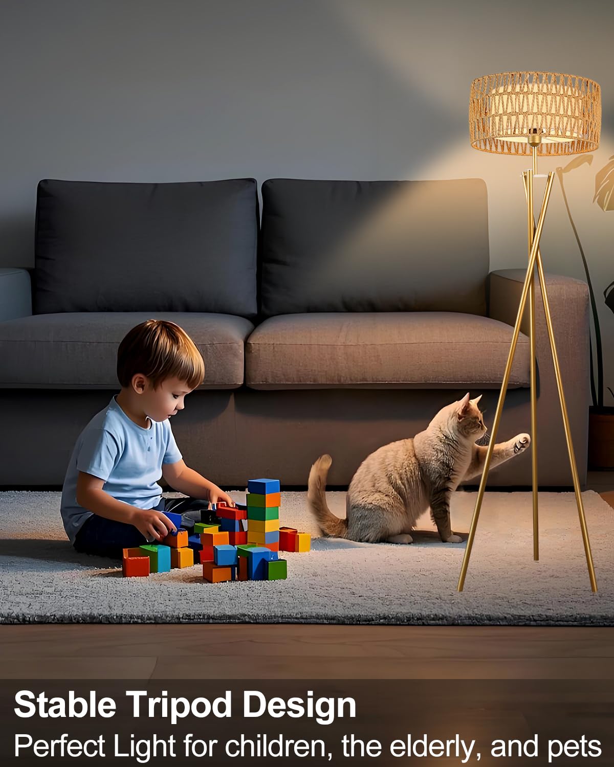 Lightdot Rattan Floor Lamp - Mid Century, Modern Design For Living Room, Bedroom & Office - 3000K Soft Light, Gold E26 Base