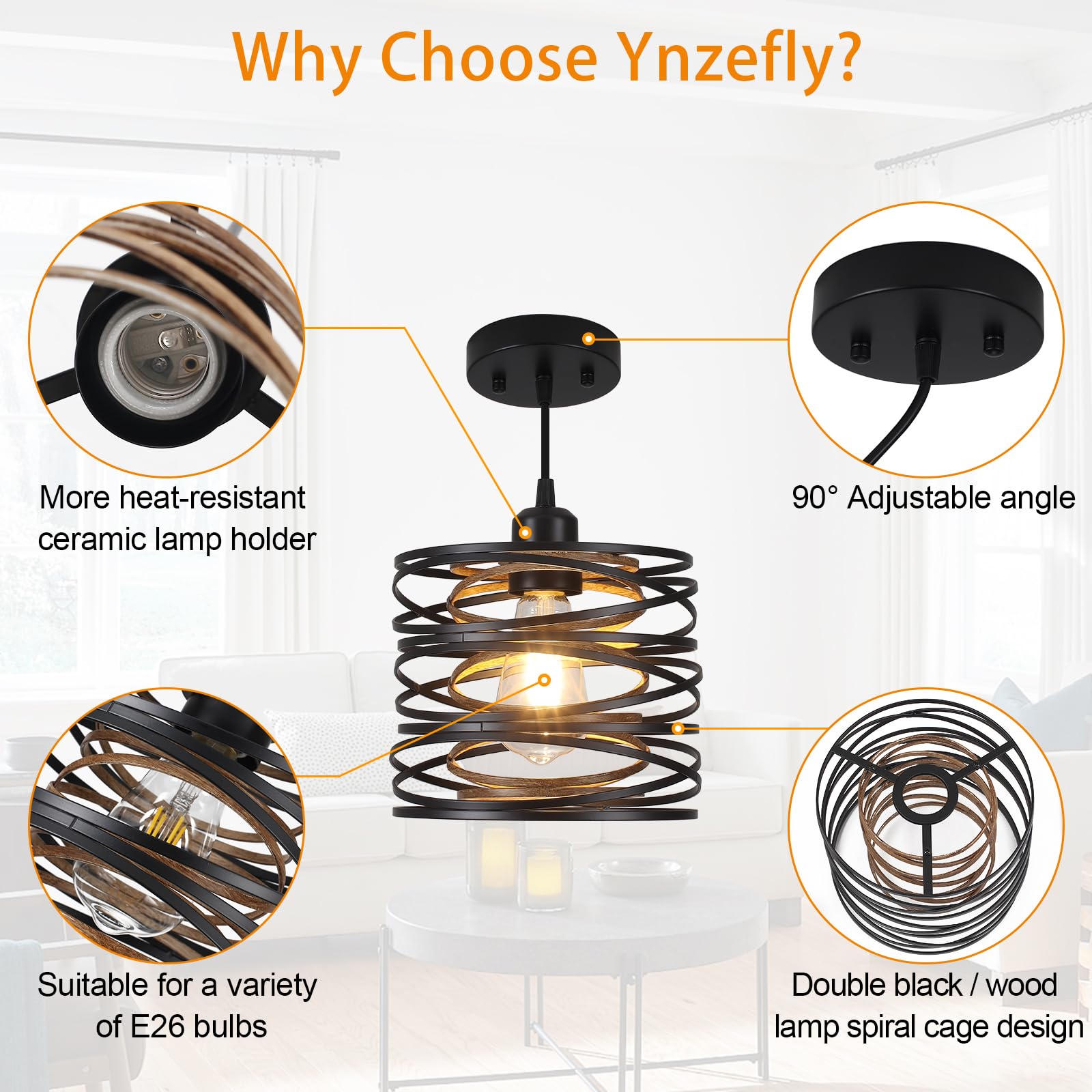 Ynzefly Pendant Light - Industrial Black, Wood Grain, Big Size - Kitchen Island & Dining Room Lighting - Model Y33-1PCS, 1 Pack