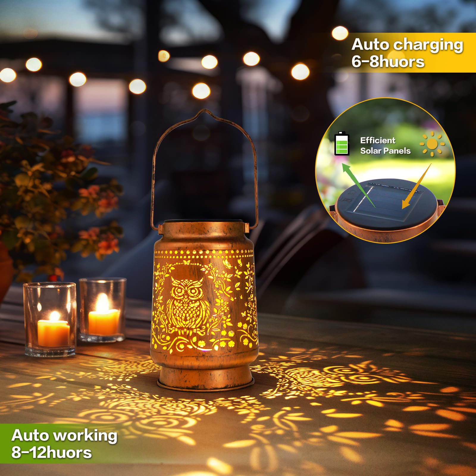 ZASOWUUO Solar Lantern - Outdoor Garden Decor, Waterproof Hanging LED, Bronze, Model ZA-DL-OWL