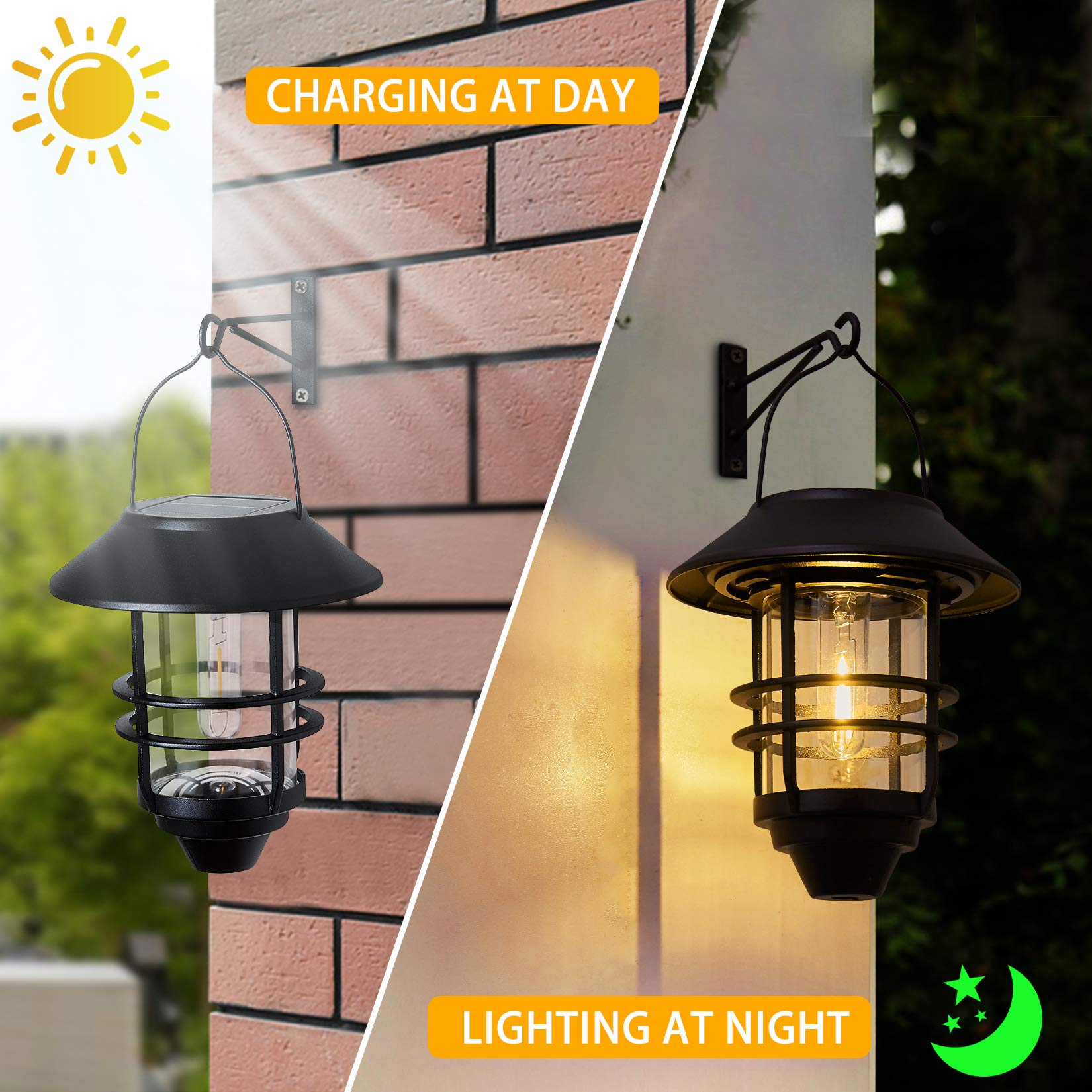 Solar Lantern Outdoor Lights, Hanging Waterproof Lantern Lights With Wall Mount Kit For Garden Porch Fence 2 Pack