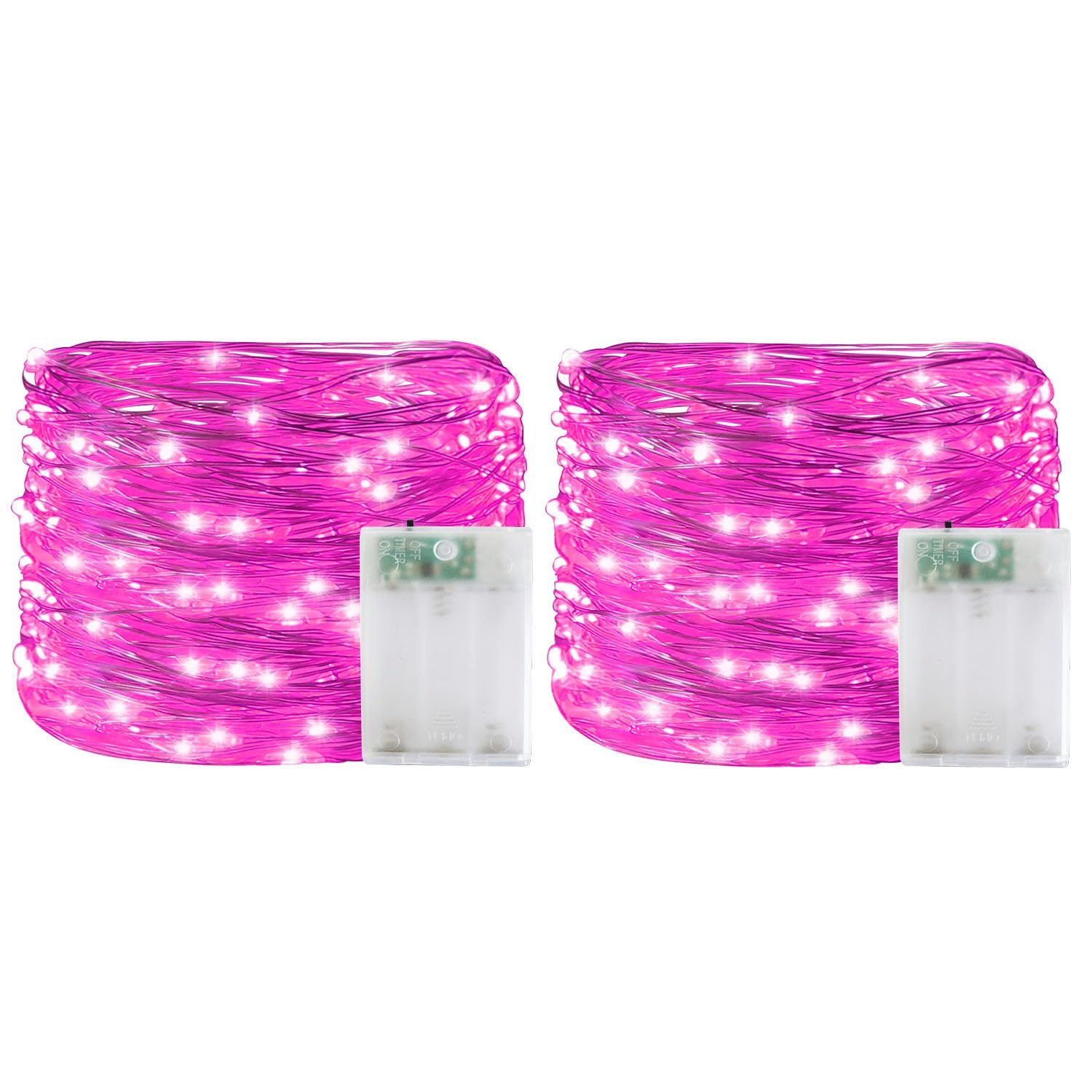 YAOZHOU Valentines Day Pink Decorations Fairy String Lights, Battery Operated with Timer, 2 Pack 33FT 100 Led Mini Battery Powered Lights, Mason Jar Waterproof Firefly Christmas Lights DIY Party
