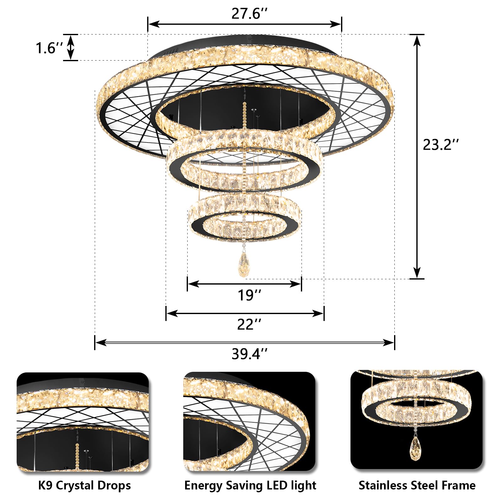 HAIXIANG Crystal Glam Chandelier LED Ceiling Light, 40 Inch, Black, Remote Dimmable, Model MMQ3831
