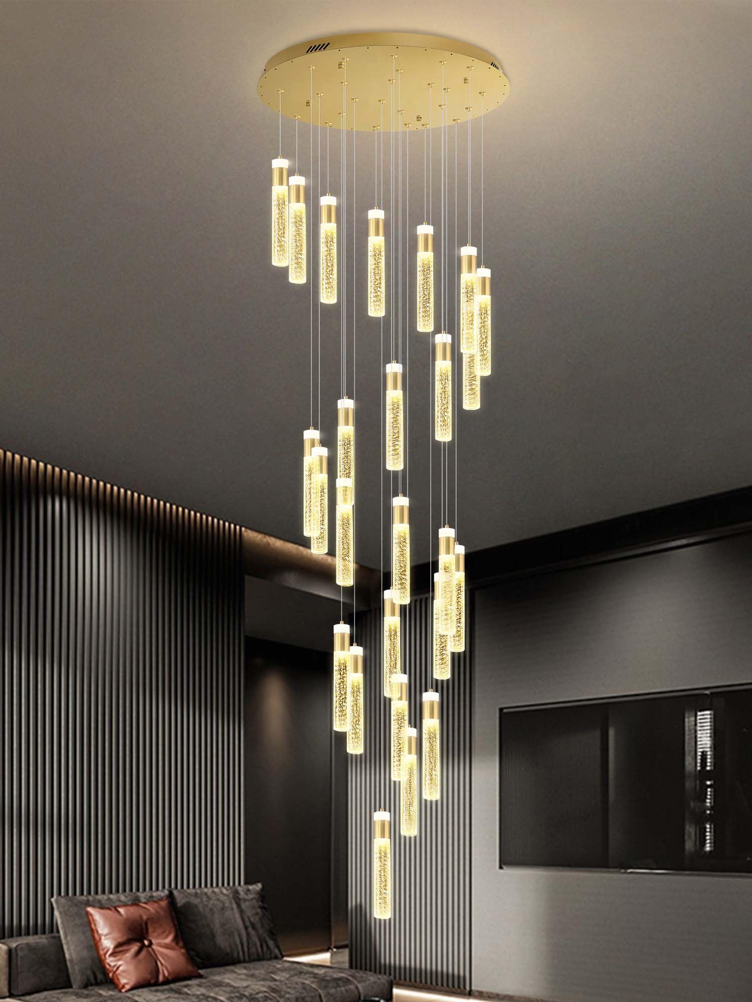 IDEQUY Gold Spiral Staircase Chandelier, 130 Inch, 25-Light for High Ceilings, Model CF8029-25J