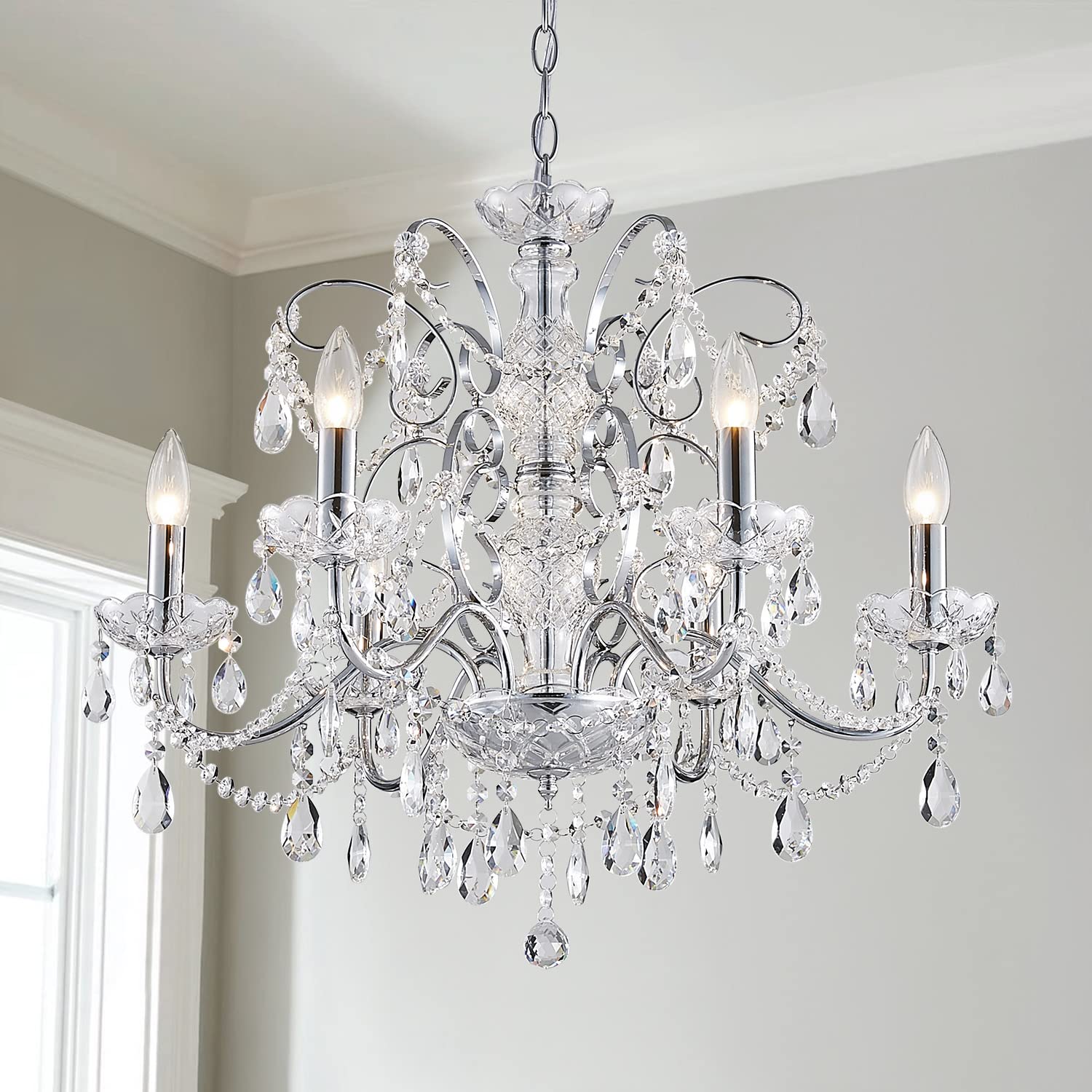 SM Saint Mossi 6-Lights Crystal Chandelier, Modern Pendant Light Fixture, Adjustable Chain, H22 x D24, Clear-Chrome, Suitable for Bedroom/Living Room