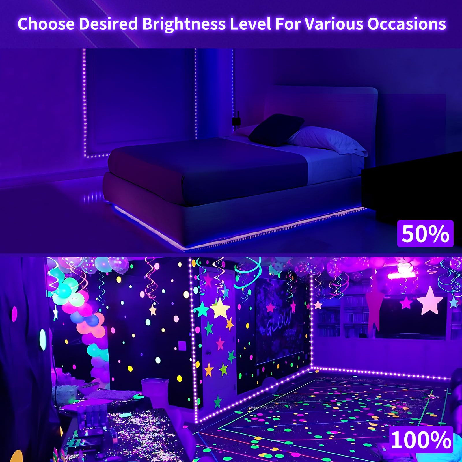 Isuerfy Dimmable Black Light Strip Kit 66Ft, 1200 Leds, Perfect For Glow Parties & Decor