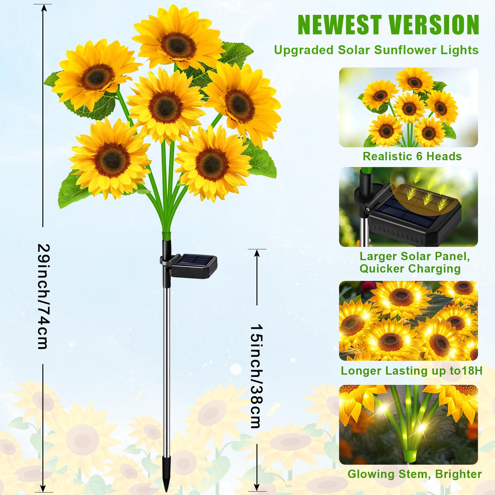 Ostritec Sunflower Solar Lights Outdoor Decor, 4 Pack, Waterproof, Plastic, Garden, Patio, Flower Bed, Model sunflower-6tou-4pack