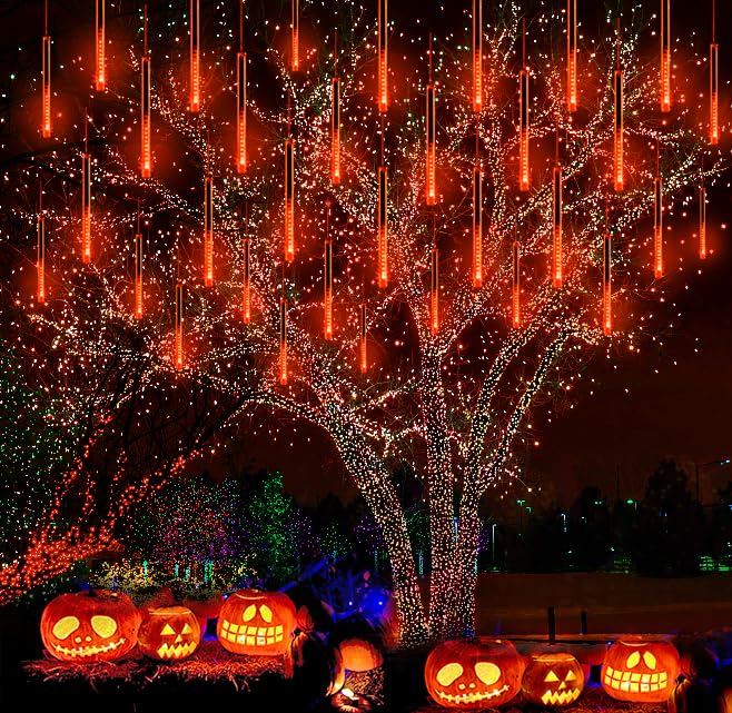 Halloween Decorations Outside, Kwaiffeo Waterproof Orange Meteor Shower Lights for Halloween Decorations Outdoor, 8-Tube Falling Rain Lights for Fall Decor Autumn Decoration Thanksgiving Yard, UL Plug