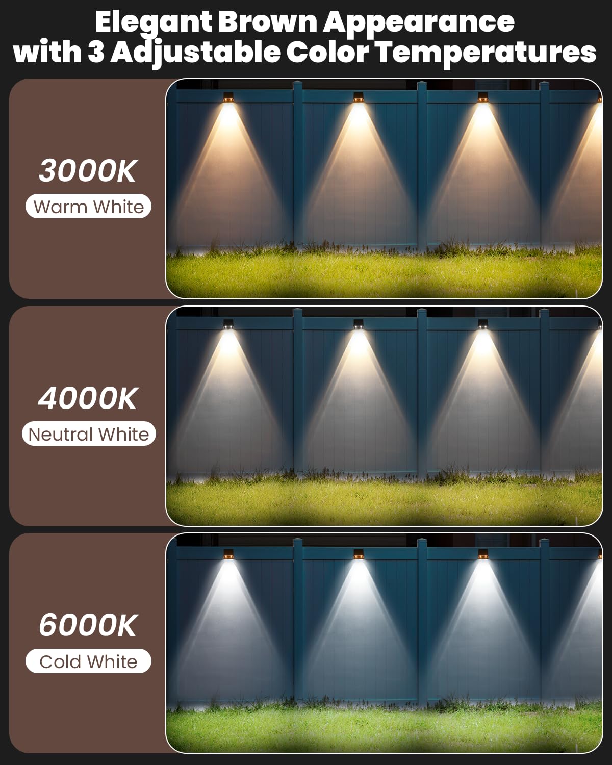 FLITI Solar Fence Lights - 8 Pack Waterproof Dusk to Dawn Outdoor Lighting, 3000/4000/6000K, Acrylic, Model SWV-3108, Brown
