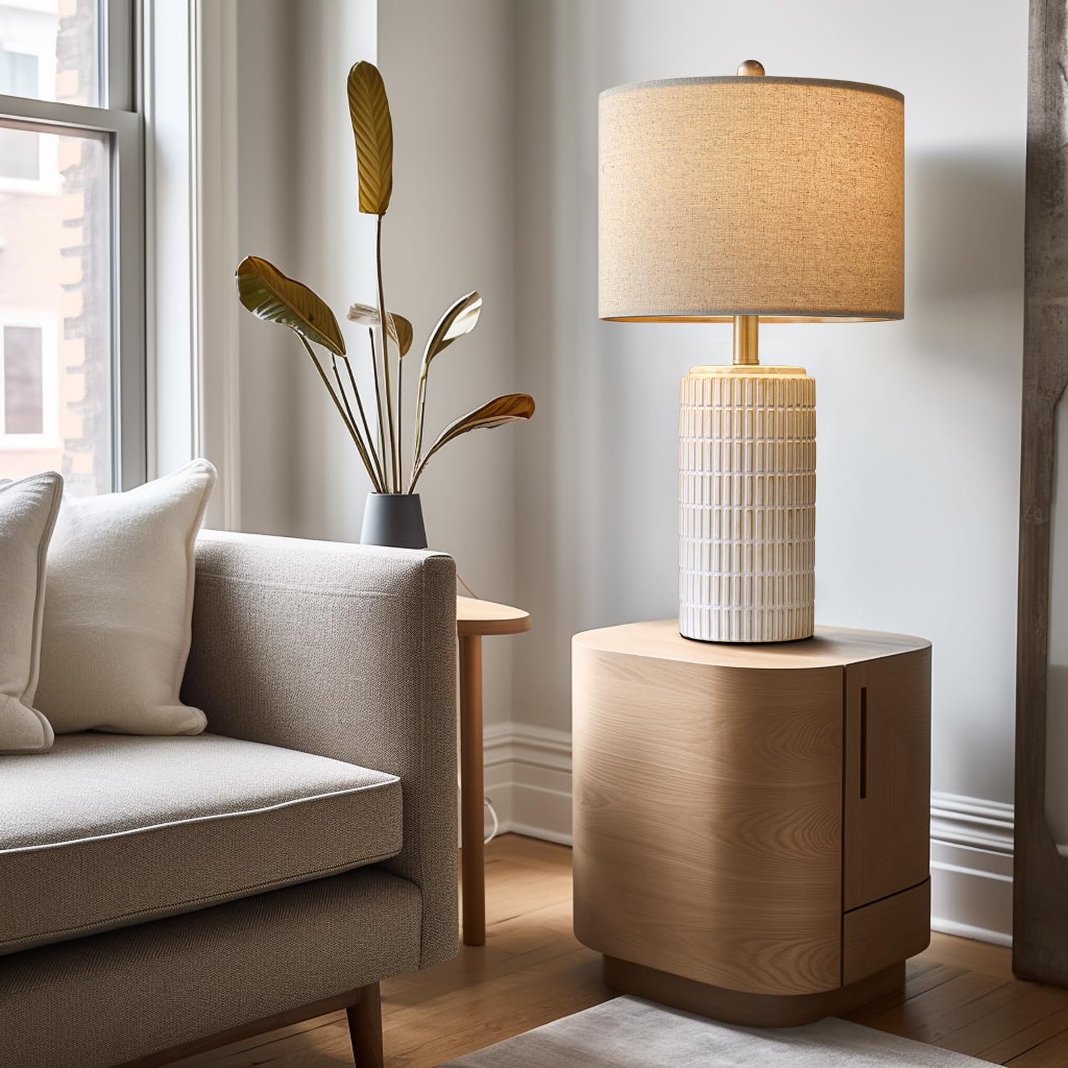 PoKat 23" Ceramic Table Lamps Set of 2 - Beige & White, Modern Design for Living Room, Bedroom, Nightstand, Model AMZ-T1102CR