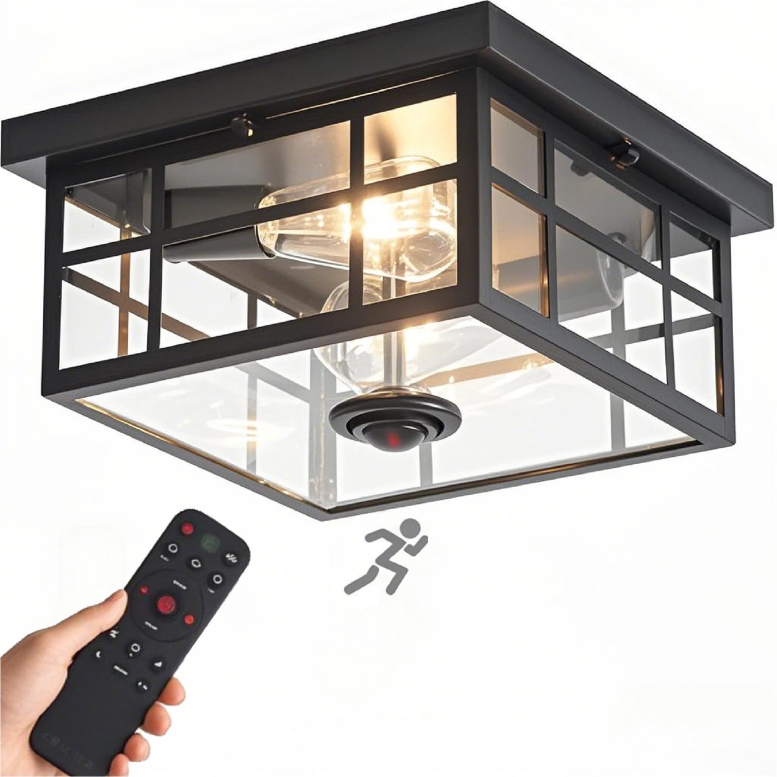 YJXGDIL Outdoor Ceiling Light with Motion Sensor, Remote Control, 4 Lighting Modes, Flush Mount, Black, Model H2005-300B