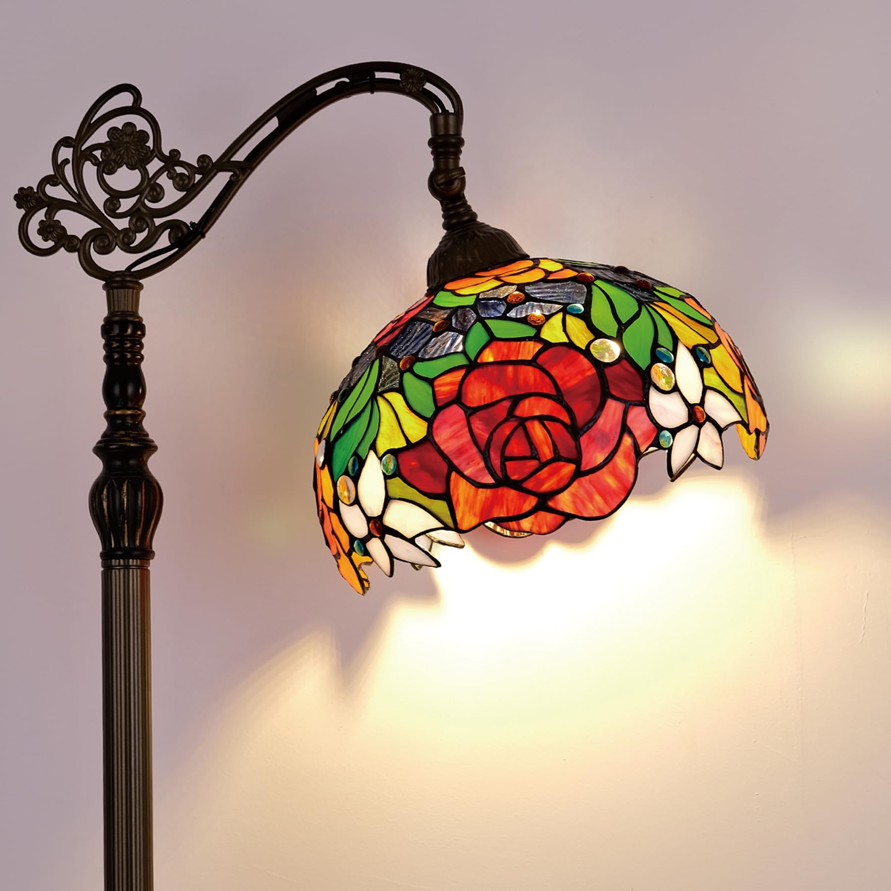 Msrzuds Tiffany Floor Lamp Red Yellow Orange Rose Stained Glass Arched Lamp 12x18x70 Inches Antique Bronze Gooseneck Adjustable 