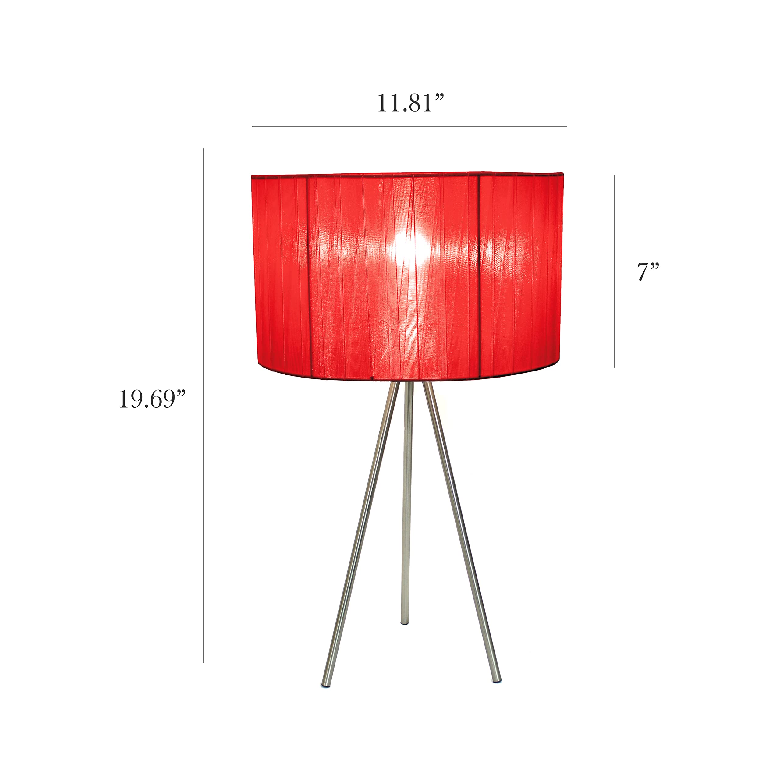 Simple Designs Lt2006-Red Brushed Nickel Tripod Table Lamp With Pleated Silk Sheer Shade, Red