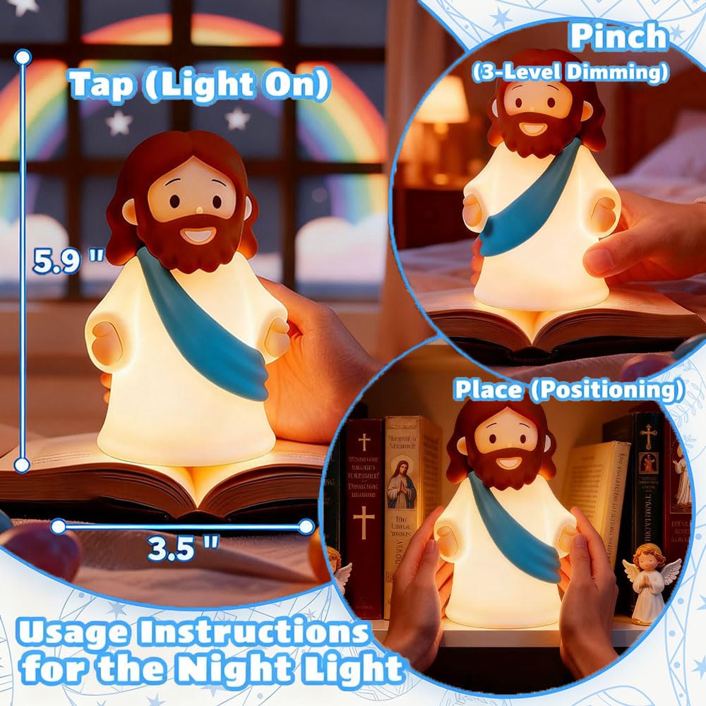 Kangten Chen Jesus Night Light Rechargeable Bedside Night Light Dimmable Silicone Led Light Ideal For Religious Gatherings  Gifts For Sunday School  Baptism Presents  Easter Egg Decorations (Blue)