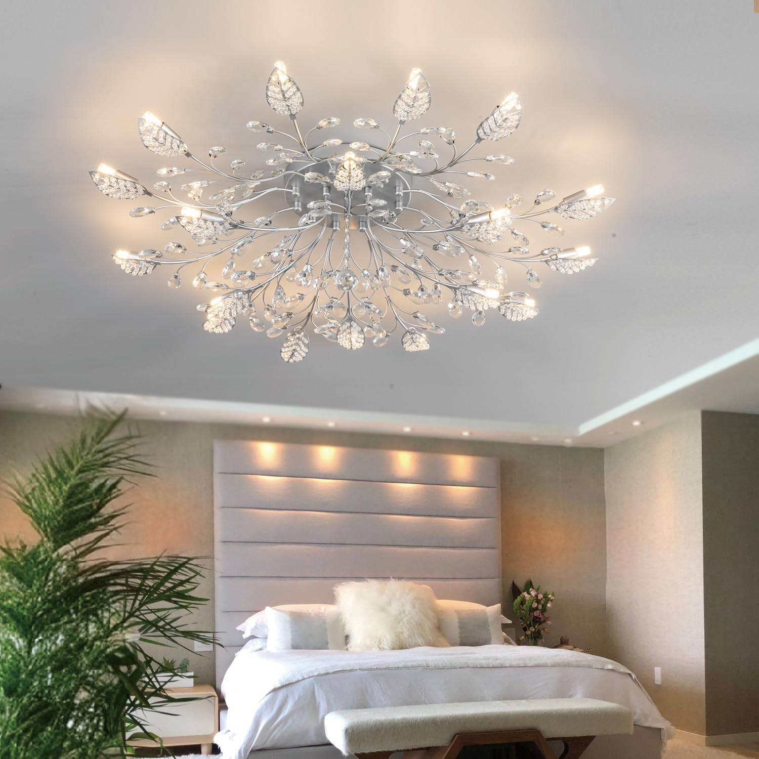 Modern Crystal Ceiling Light Fixture,Silvery Semi Flush Mount Chandeliers,Crystal Leaf Ceiling Light, Chandeliers For Dining Roo