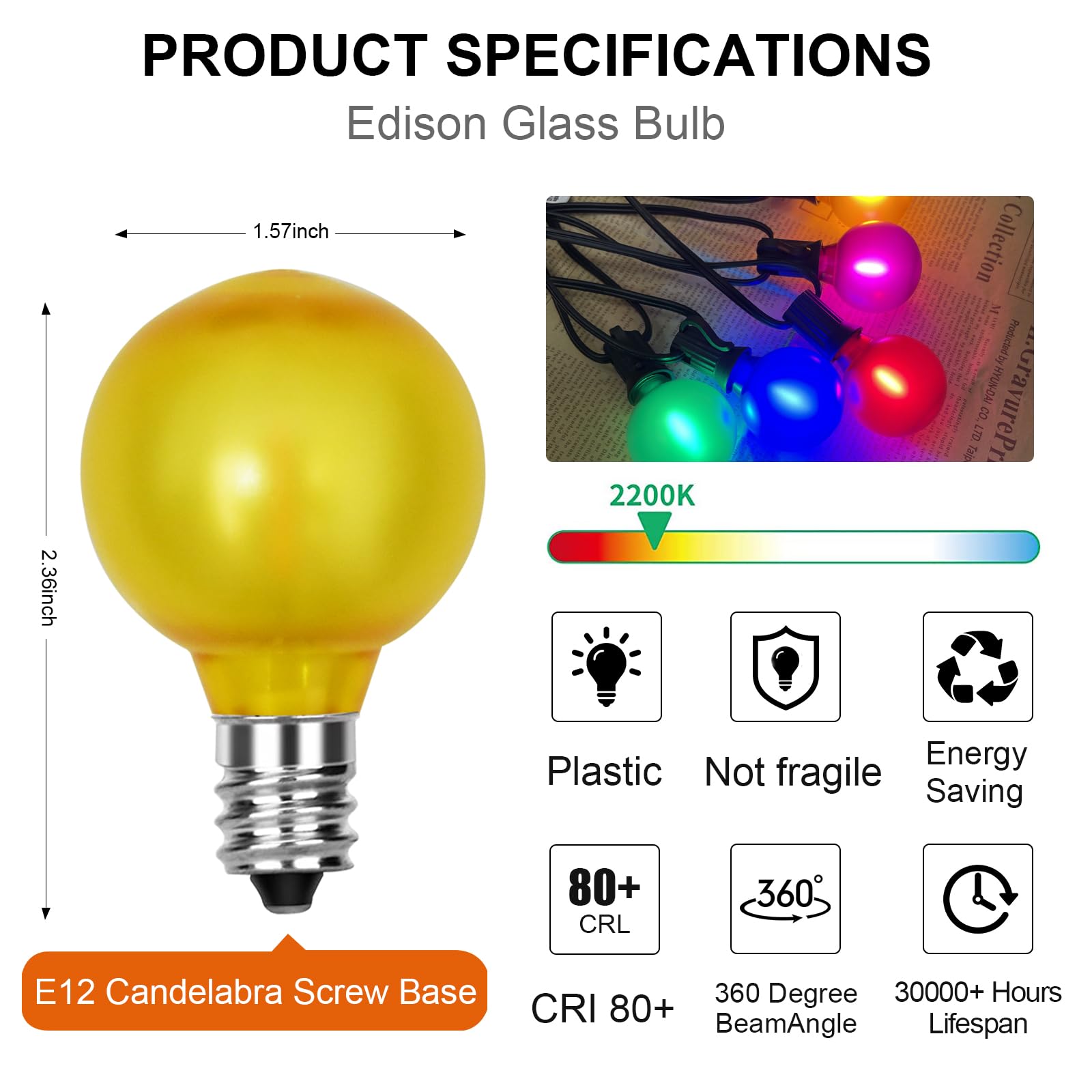 Goothy 25 Pack G40 Frosted Multicolor Led String Light Bulbs, E12/C7 Candelabra Base Christmas Globe Replacement Bulbs For Indoor Outdoor, 0.6W Shatterproof Led Night Light Bulbs