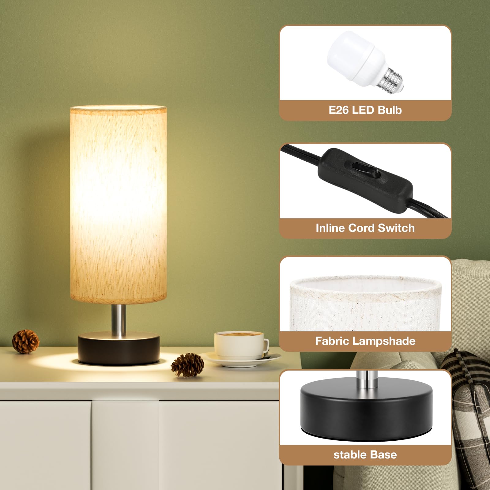 Partageiz Small Table Lamp With Led Bulb -3 Color Temperatures Bedroom Lamps For Nightstand, Minimalist Night Stands Bedside Lamp, Desk Lamps For Reading Room, Kids Room, Living Room, Office, Dorm